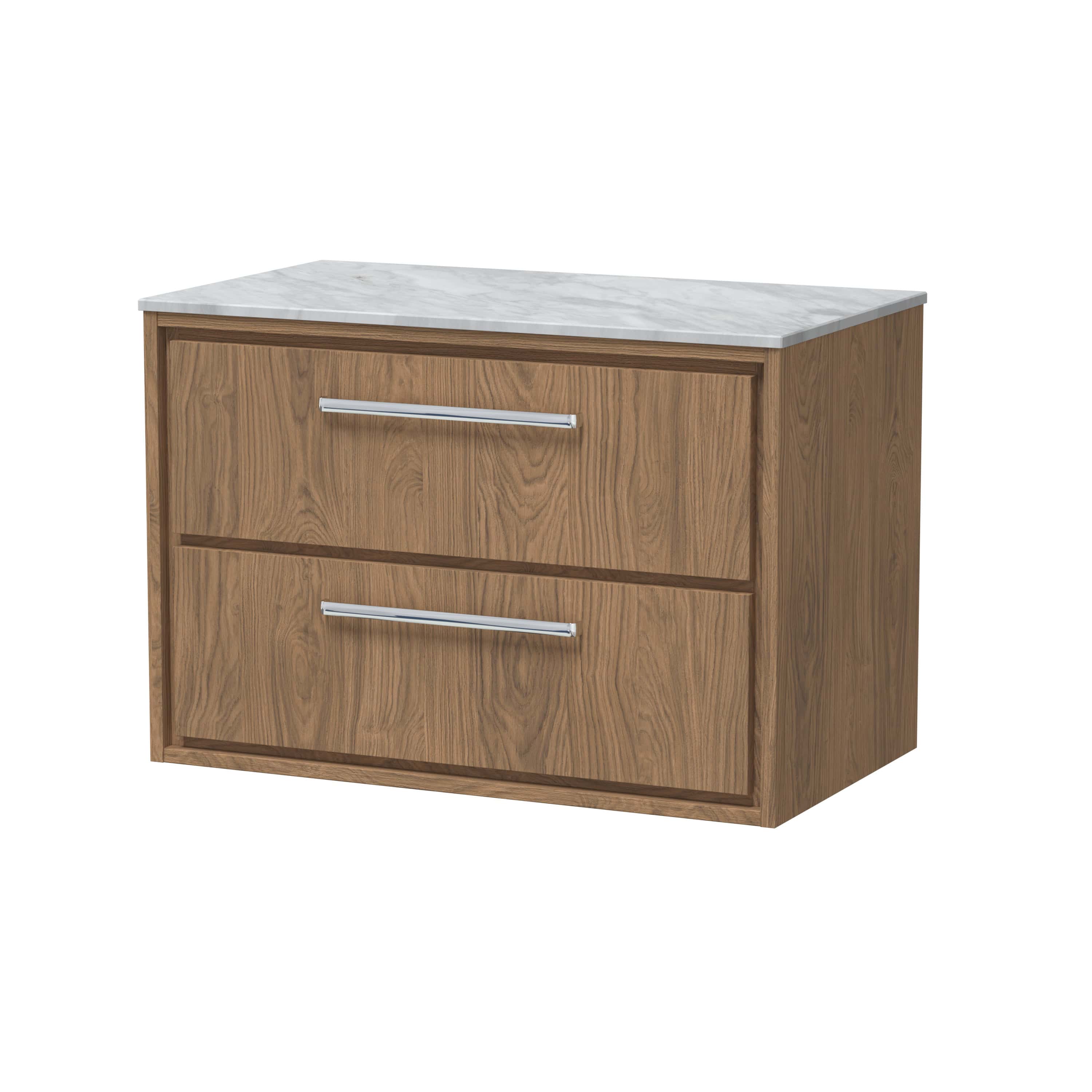 Wooden bathroom vanity unit with marble top, stylish storage drawers, and modern chrome handles, ideal for contemporary bathroom designs.