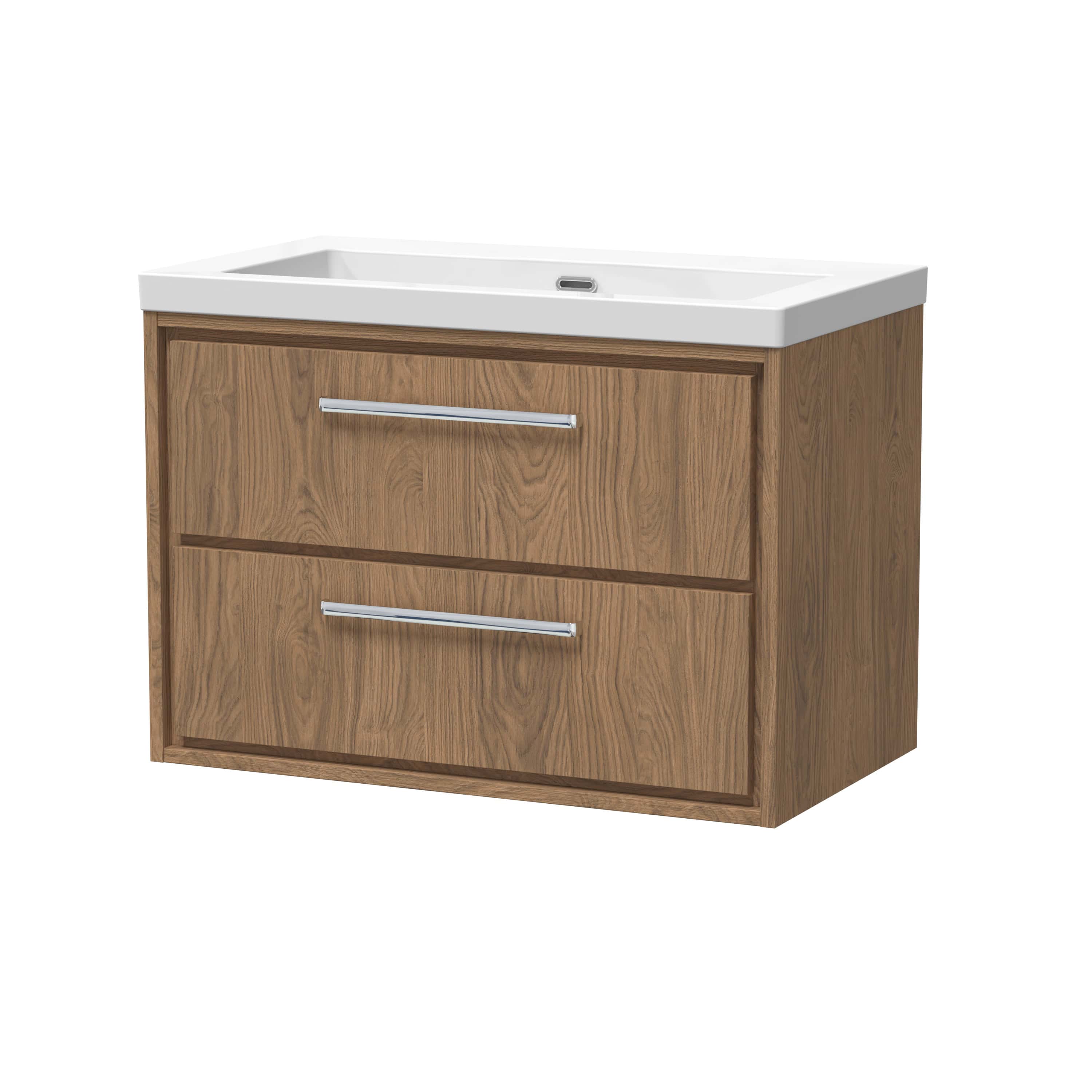Modern wooden bathroom vanity with integrated sink, two spacious drawers with sleek chrome handles, ideal for contemporary bathroom storage and organisation.