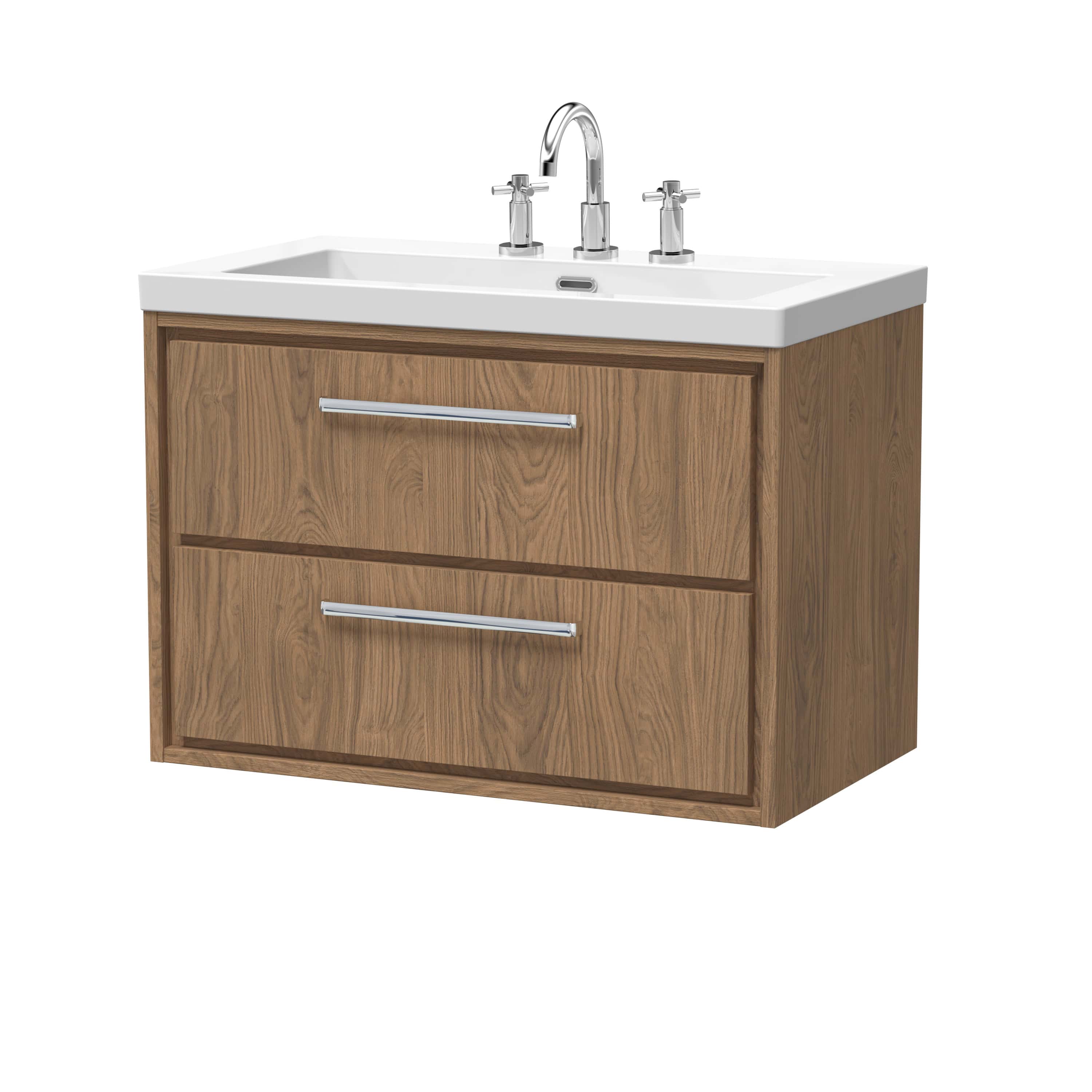 Modern wooden bathroom vanity with sink and chrome fixtures, ideal for contemporary bathroom designs. Durable wood finish with sleek metal handles for a stylish and functional addition.