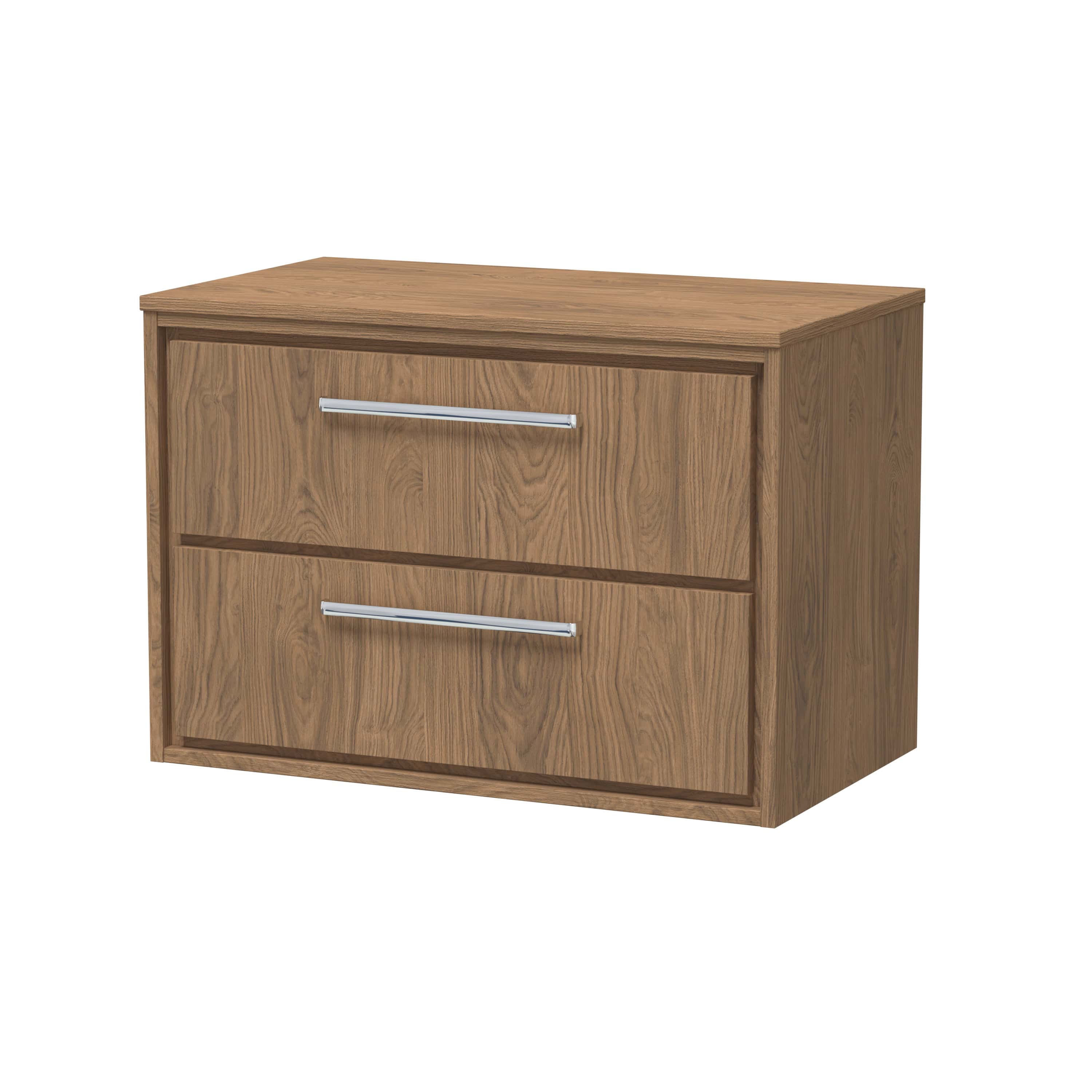 Stylish wooden bathroom cabinet with two drawers and modern silver handles, ideal for enhancing bathroom storage and organisation. Perfect for contemporary bathroom interiors.