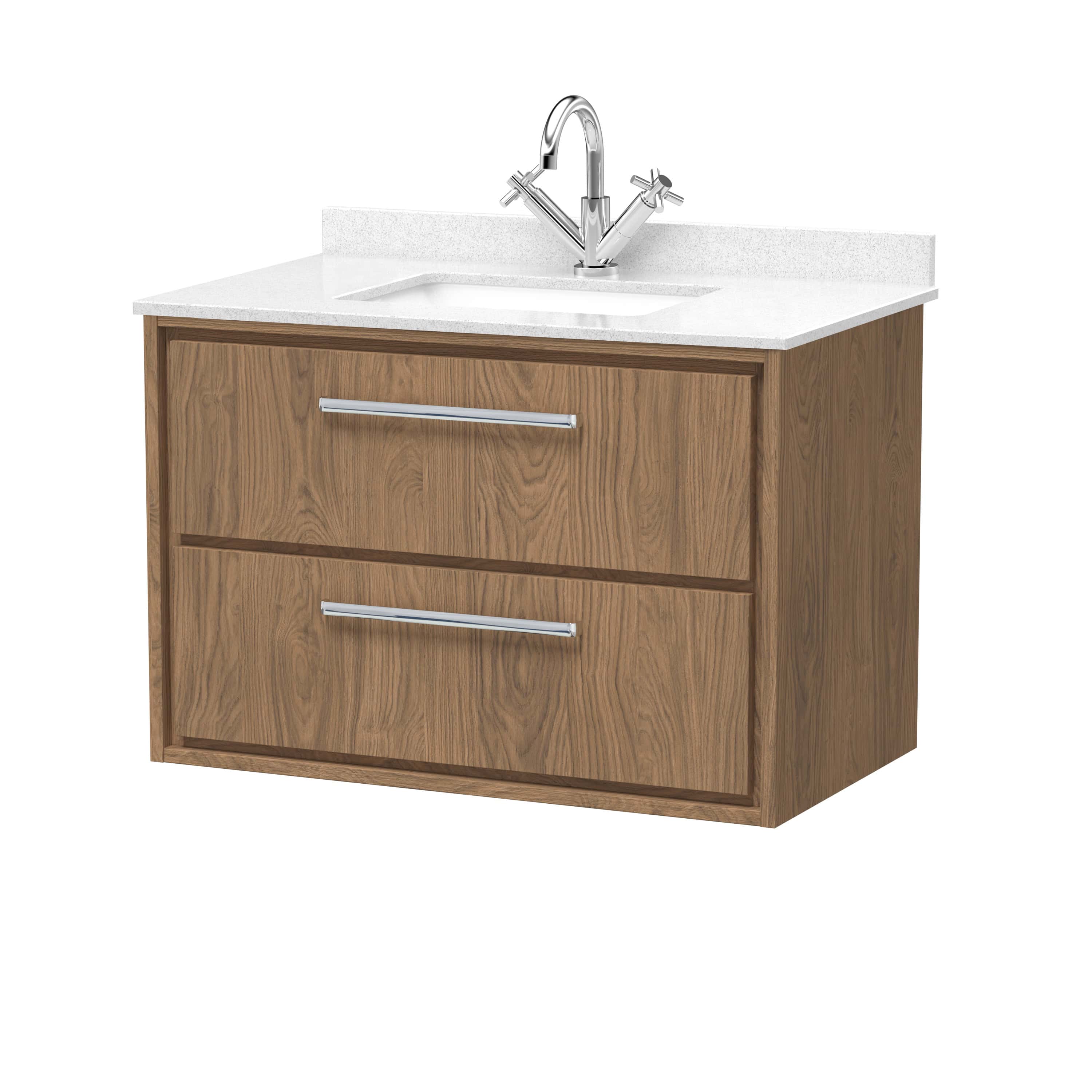 Modern bathroom vanity with wooden cabinetry and a white solid surface countertop featuring an integrated sink and chrome tap.
