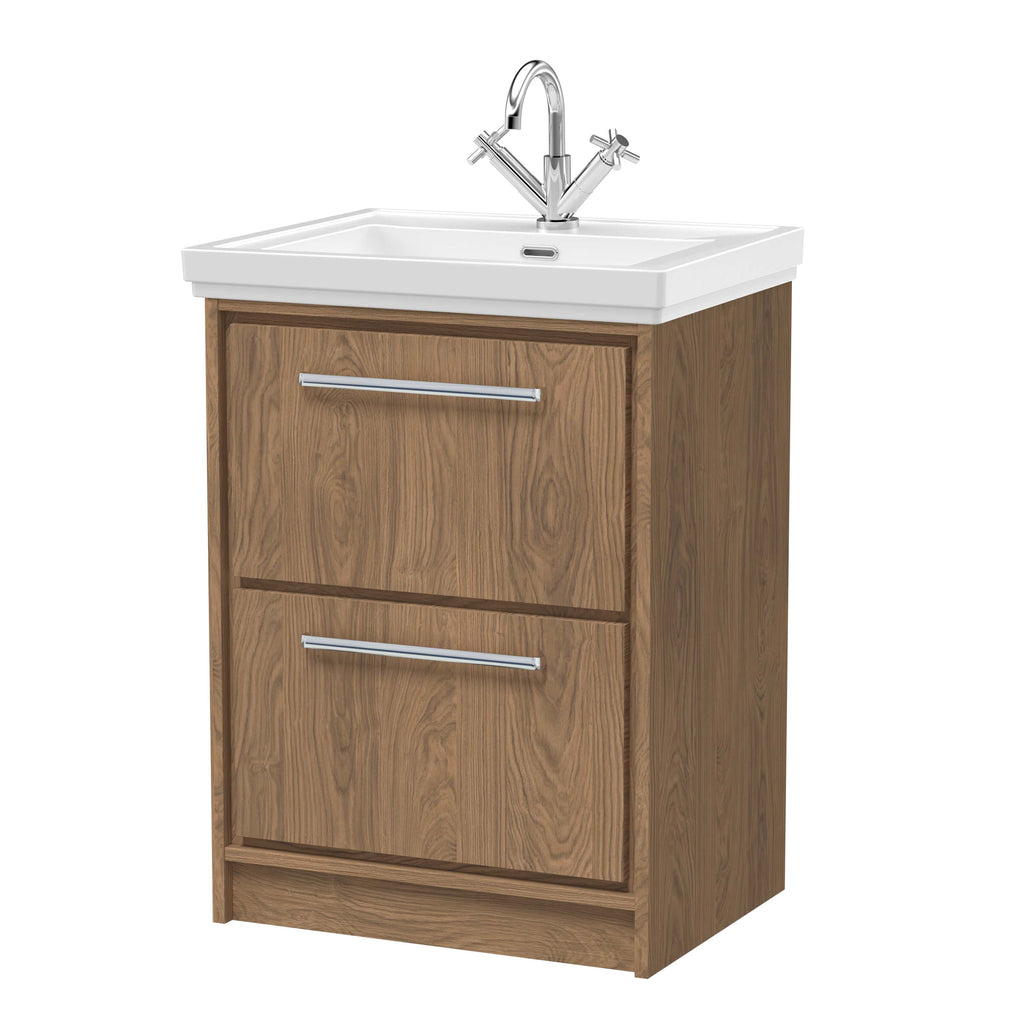 Sleek bathroom vanity with natural wood finish, integrated ceramic sink, and modern chrome tap, ideal for contemporary bathroom designs and storage solutions.
