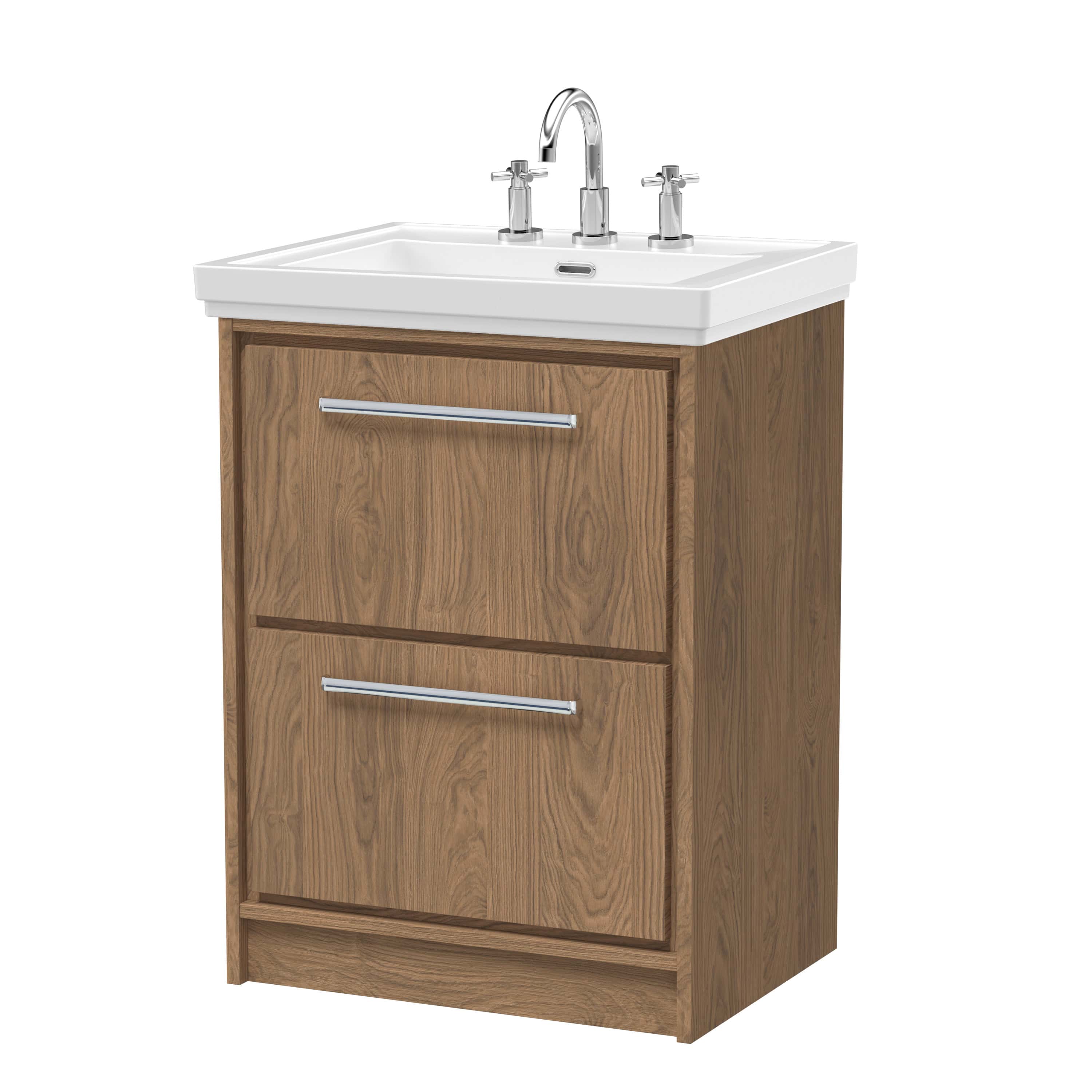 Stylish bathroom vanity with a white ceramic sink, chrome taps, and wooden cabinet storage for a modern, functional bathroom upgrade.