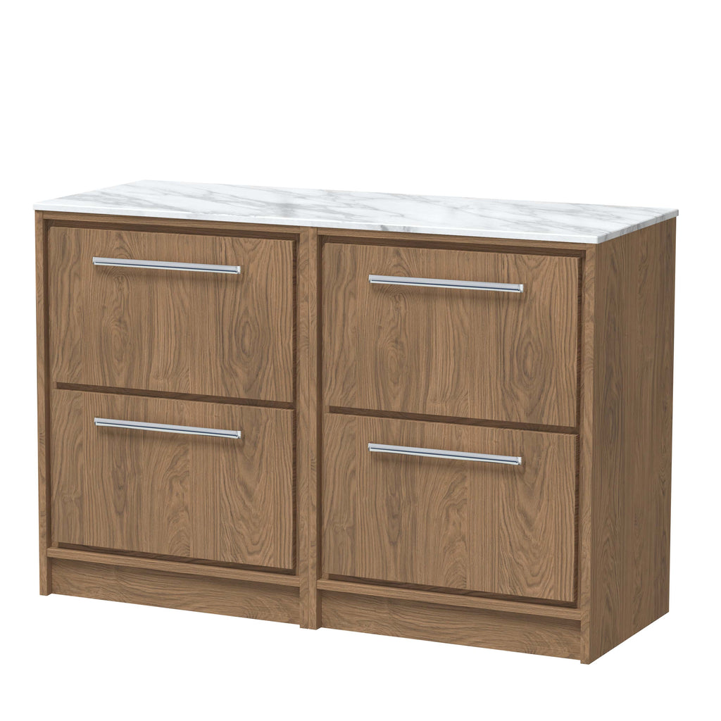 Modern wooden bathroom vanity with marble countertop, featuring sleek silver handles – perfect for stylish and functional bathroom storage.