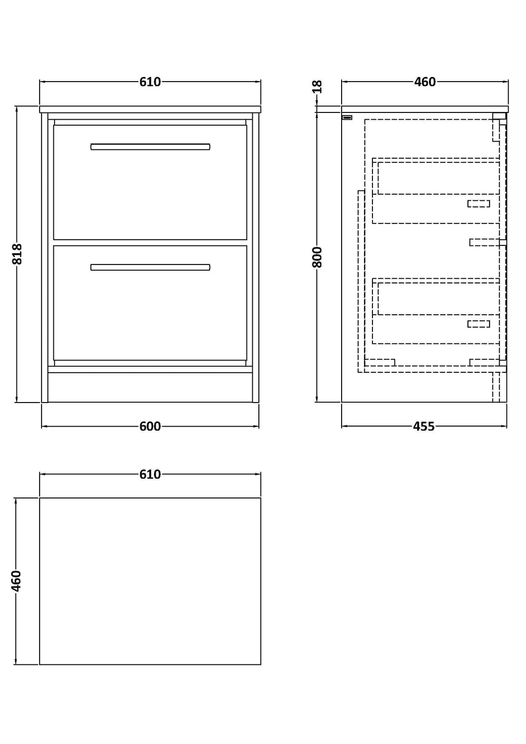 Contemporary bathroom vanity cabinet with two drawers, modern design, ideal for bathroom storage, dimensions 600mm wide, 810mm high, grey finish, optimal for bathroom renovation projects.