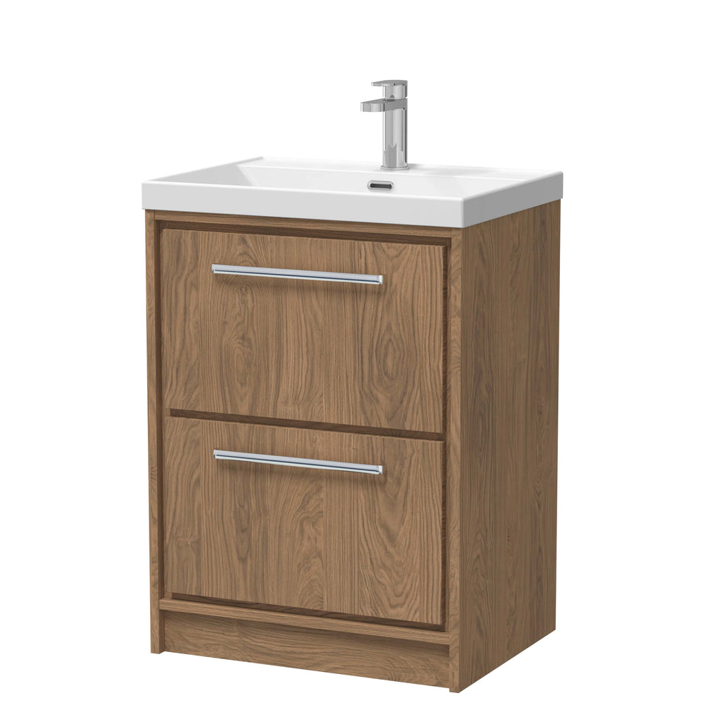 Modern wooden bathroom vanity unit with integrated sink and chrome handles, ideal for contemporary bathroom designs. Perfect for stylish bathroom storage and organisation.