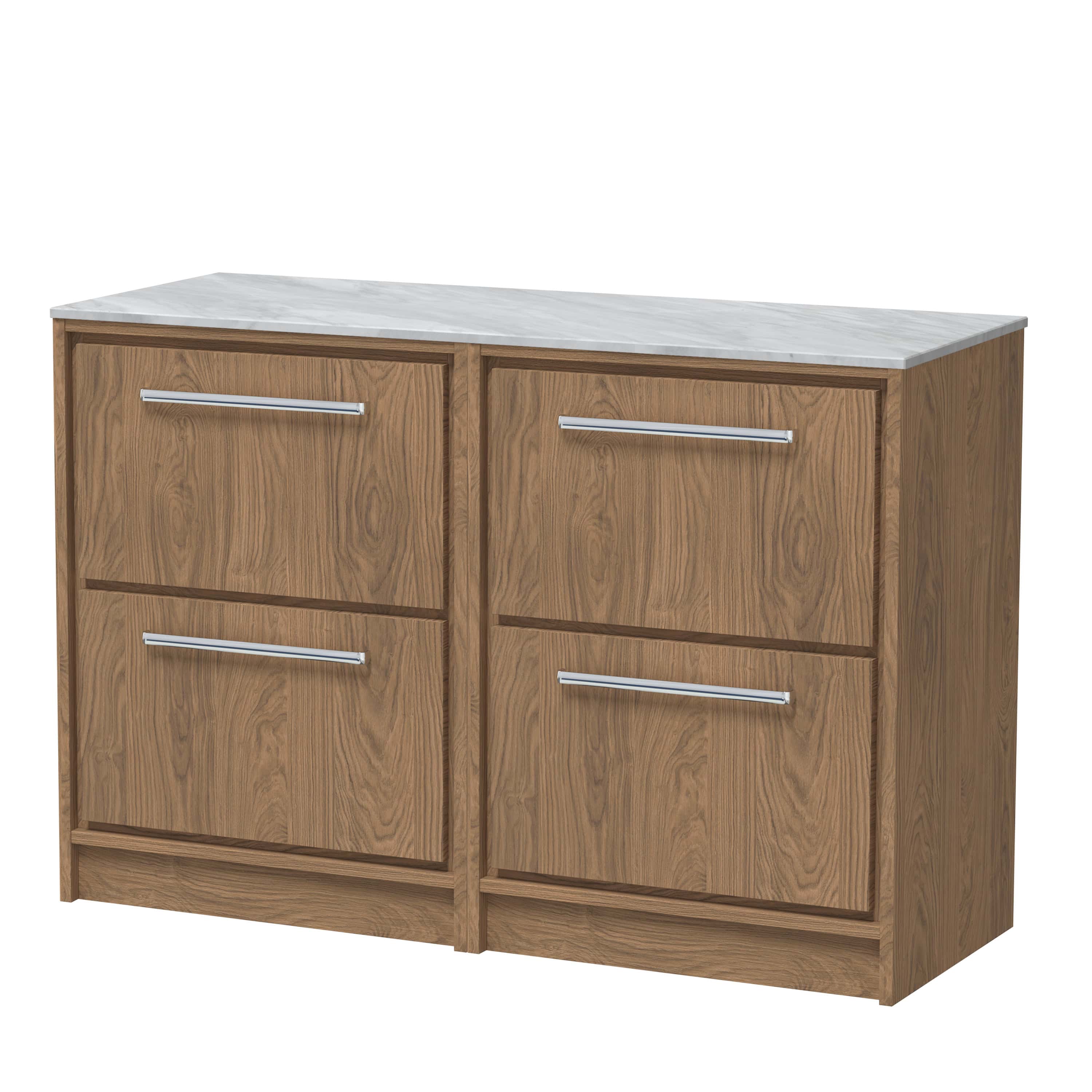 Contemporary wooden bathroom vanity with marble top and sleek silver handles, designed for elegant and functional bathroom storage.