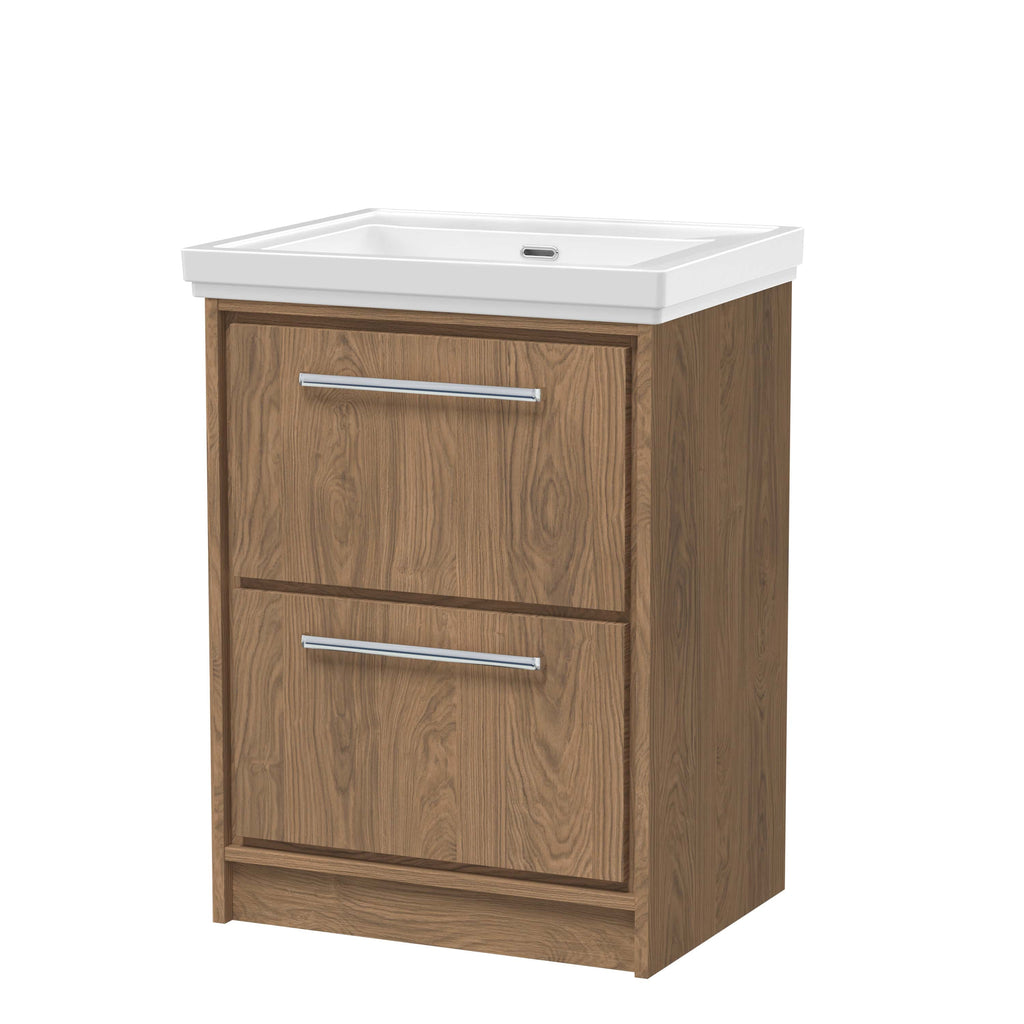 Natural wood bathroom vanity with white ceramic sink, modern chrome handles, ideal for stylish and functional bathroom furniture. Perfect for contemporary bathroom design.