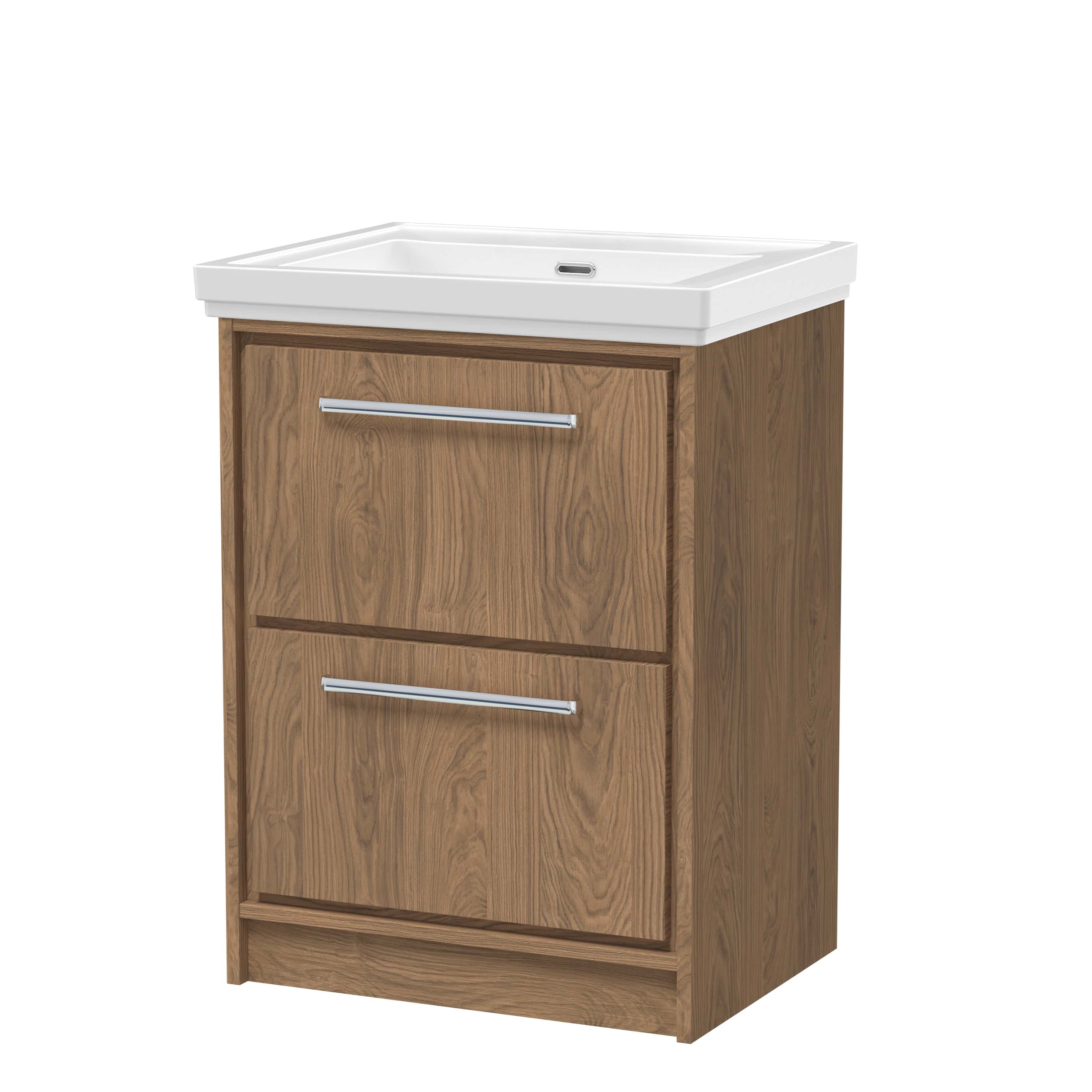 Natural wood bathroom vanity with white ceramic sink, modern chrome handles, ideal for stylish and functional bathroom furniture. Perfect for contemporary bathroom design.