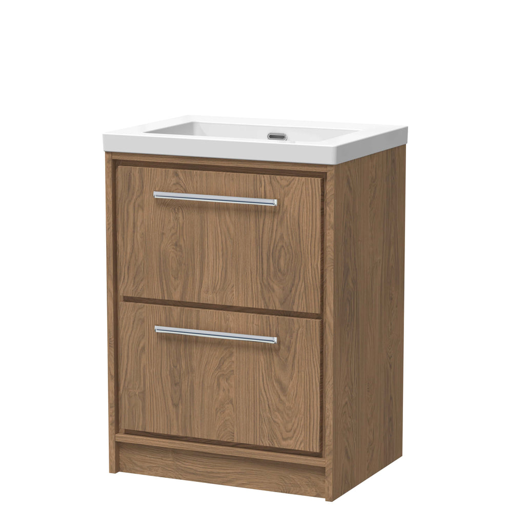 Elegant wooden bathroom vanity unit with integrated sink, featuring modern chrome handles for stylish storage solutions. Ideal for contemporary bathroom designs and practical space optimisation.