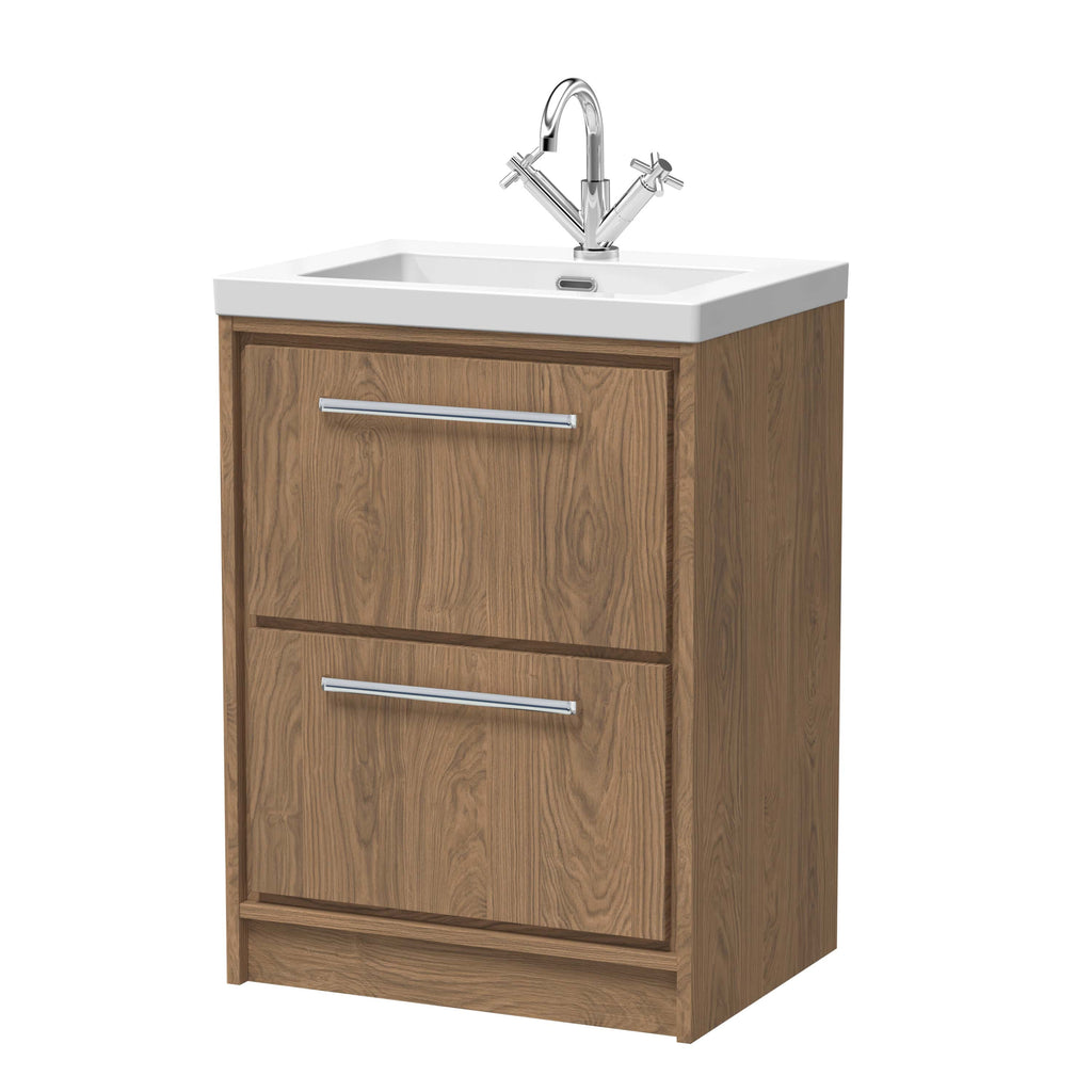 Modern wooden bathroom vanity with integrated sink and chrome faucet, ideal for contemporary bathroom remodels. Durable finish, stylish storage with drawers, perfect for bathroom organisation.