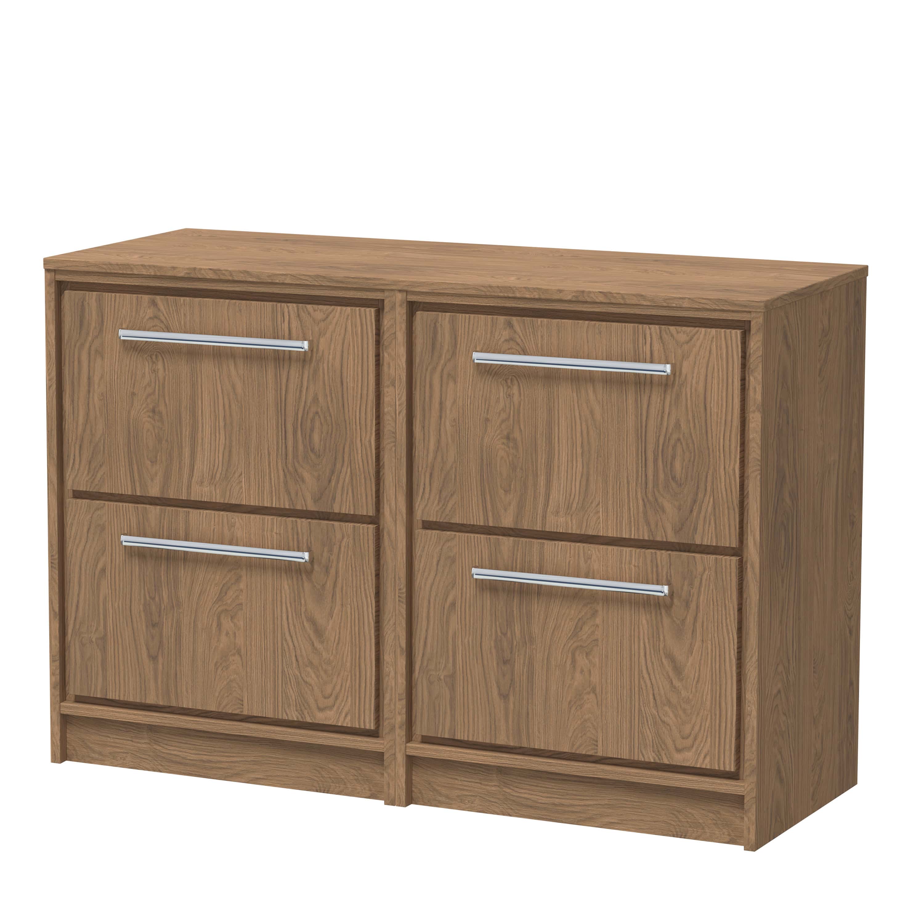 Smooth oak bathroom cabinet with four drawers and sleek silver handles, ideal for stylish bathroom storage and organisation.