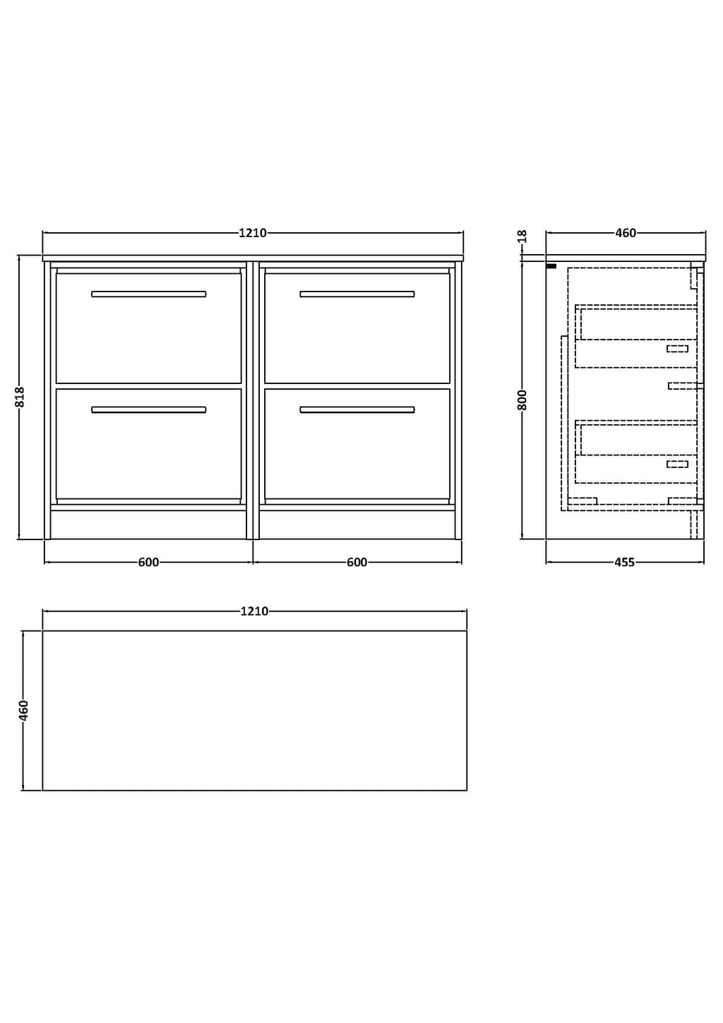 Modern bathroom vanity unit with drawers, in white finish, 1210mm wide, designed for bathroom storage and organisation.