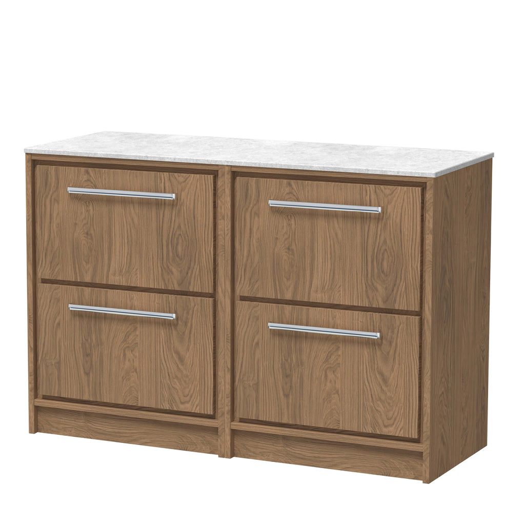 Natural wood bathroom vanity unit with a marble effect countertop, featuring four spacious drawers with modern silver handles, ideal for bathroom storage and contemporary interiors.