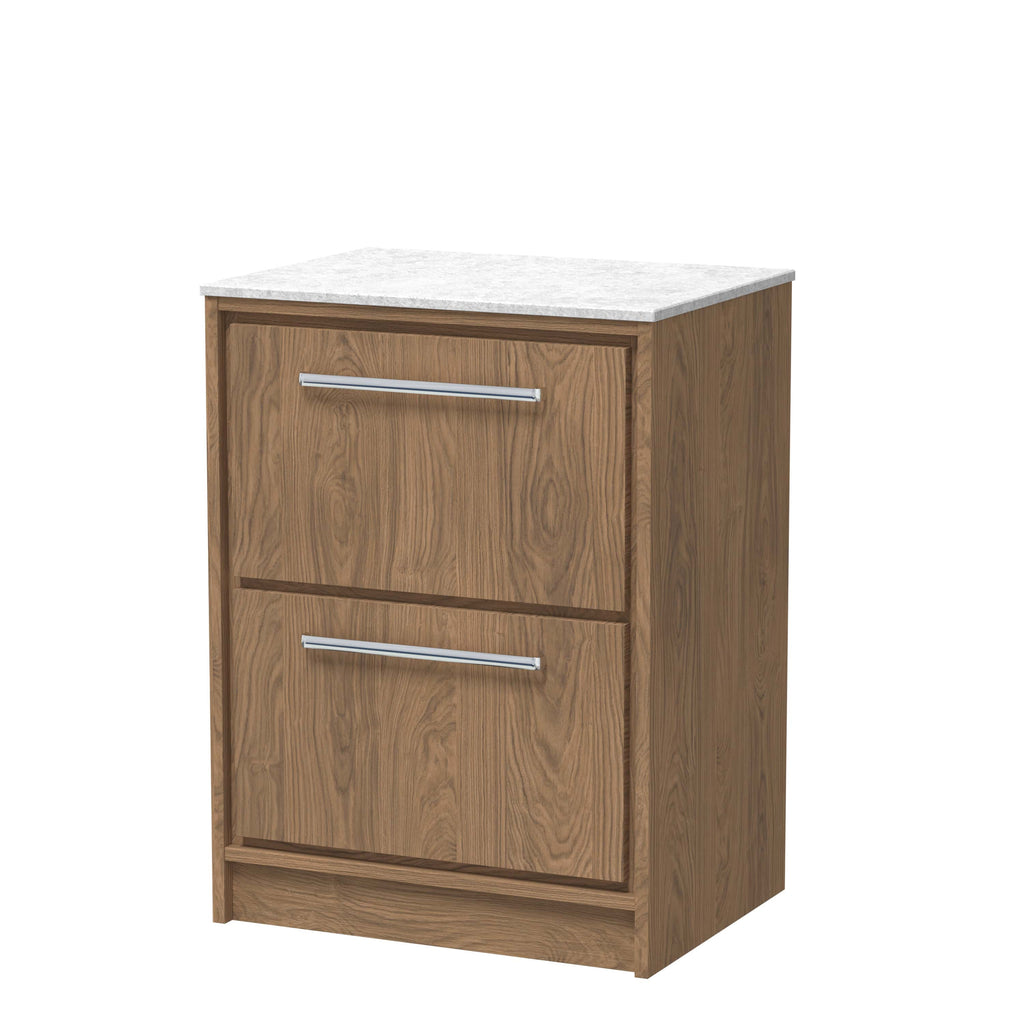 Elegant wooden bathroom cabinet with a white marble top, featuring two drawers with sleek silver handles for stylish storage in modern bathrooms.