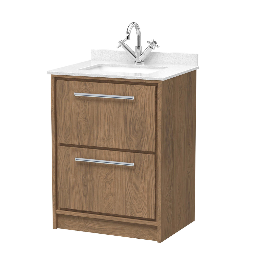 Natural wooden bathroom vanity with white quartz countertop and chrome faucet for modern bathroom design.