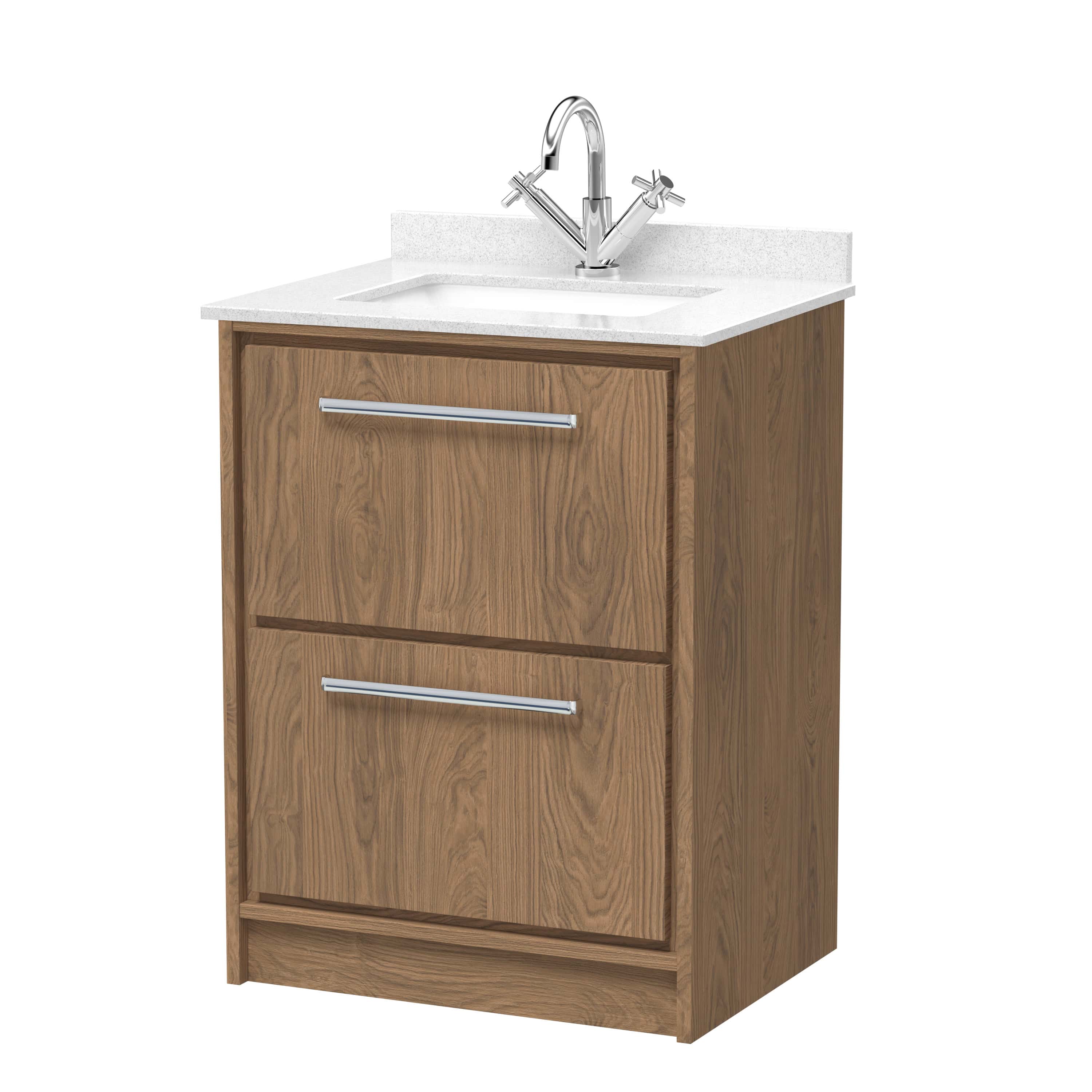 Natural wooden bathroom vanity with white quartz countertop and chrome faucet for modern bathroom design.