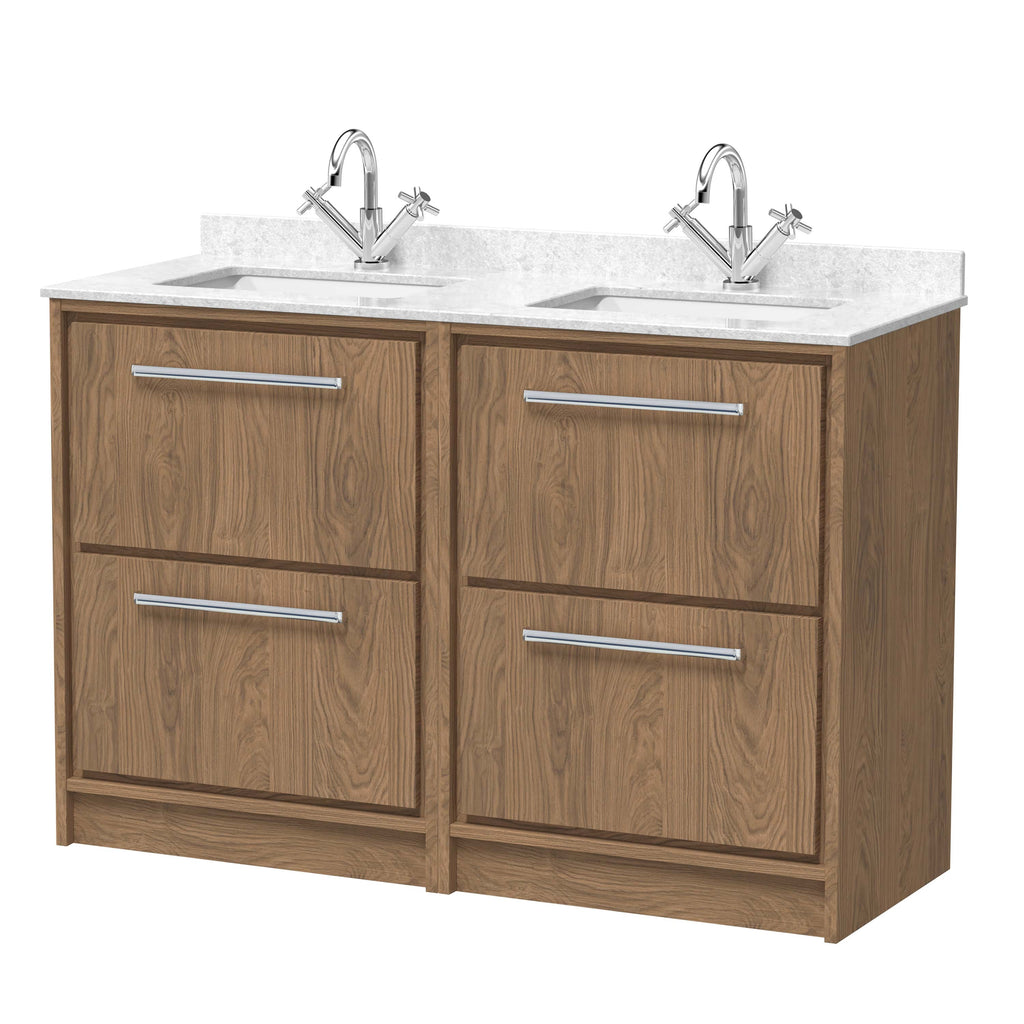 Double bathroom vanity unit with wooden finish, dual sinks, and chrome taps, perfect for modern bathroom decor. Ideal for creating a stylish, functional space in your home.