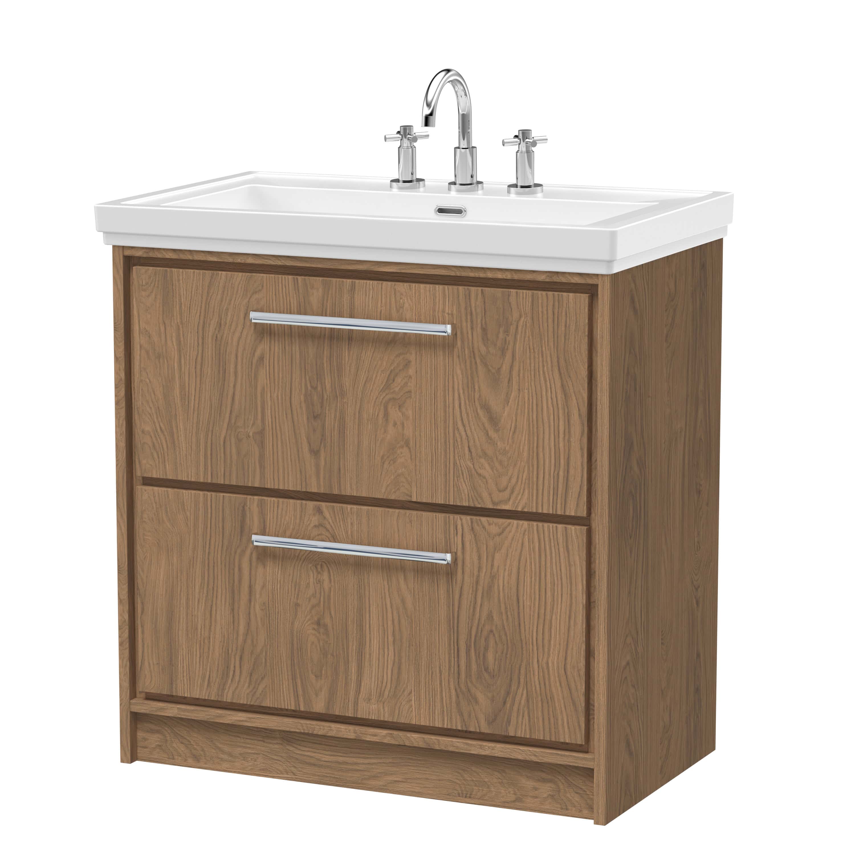 Contemporary bathroom vanity unit with a wooden finish and integrated white ceramic sink, featuring chrome handles and traditional taps, ideal for modern bathrooms.