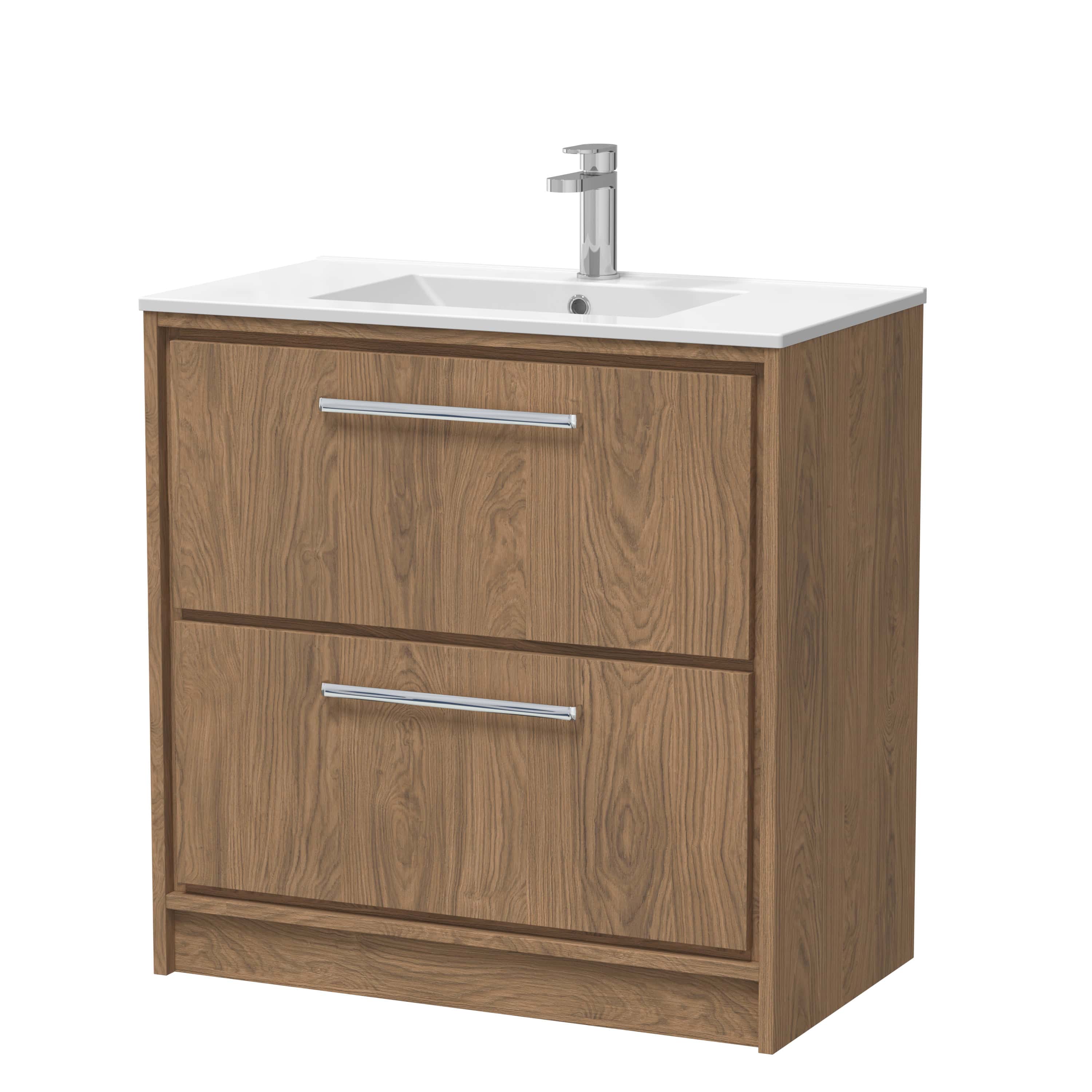 Modern wooden bathroom vanity with integrated sink and chrome faucet, ideal for contemporary bathroom decor and storage solutions.