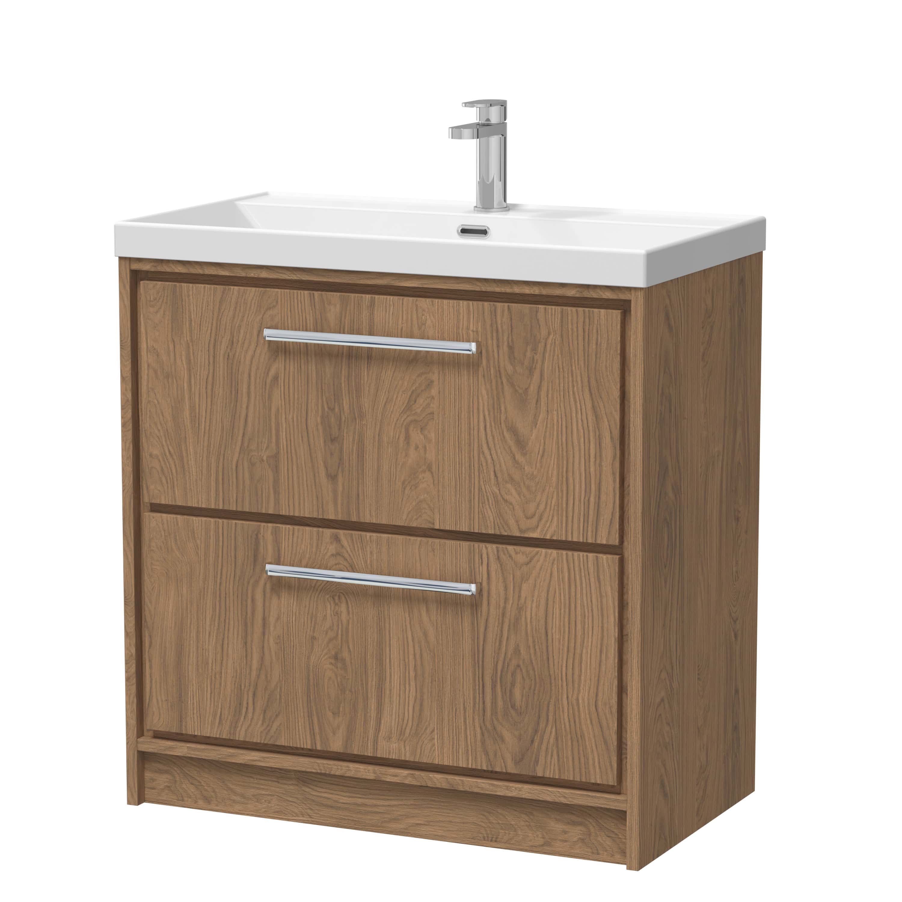 Light wood bathroom vanity with integrated white ceramic sink and chrome faucet, storage drawers, and modern design for stylish bathroom renovations.