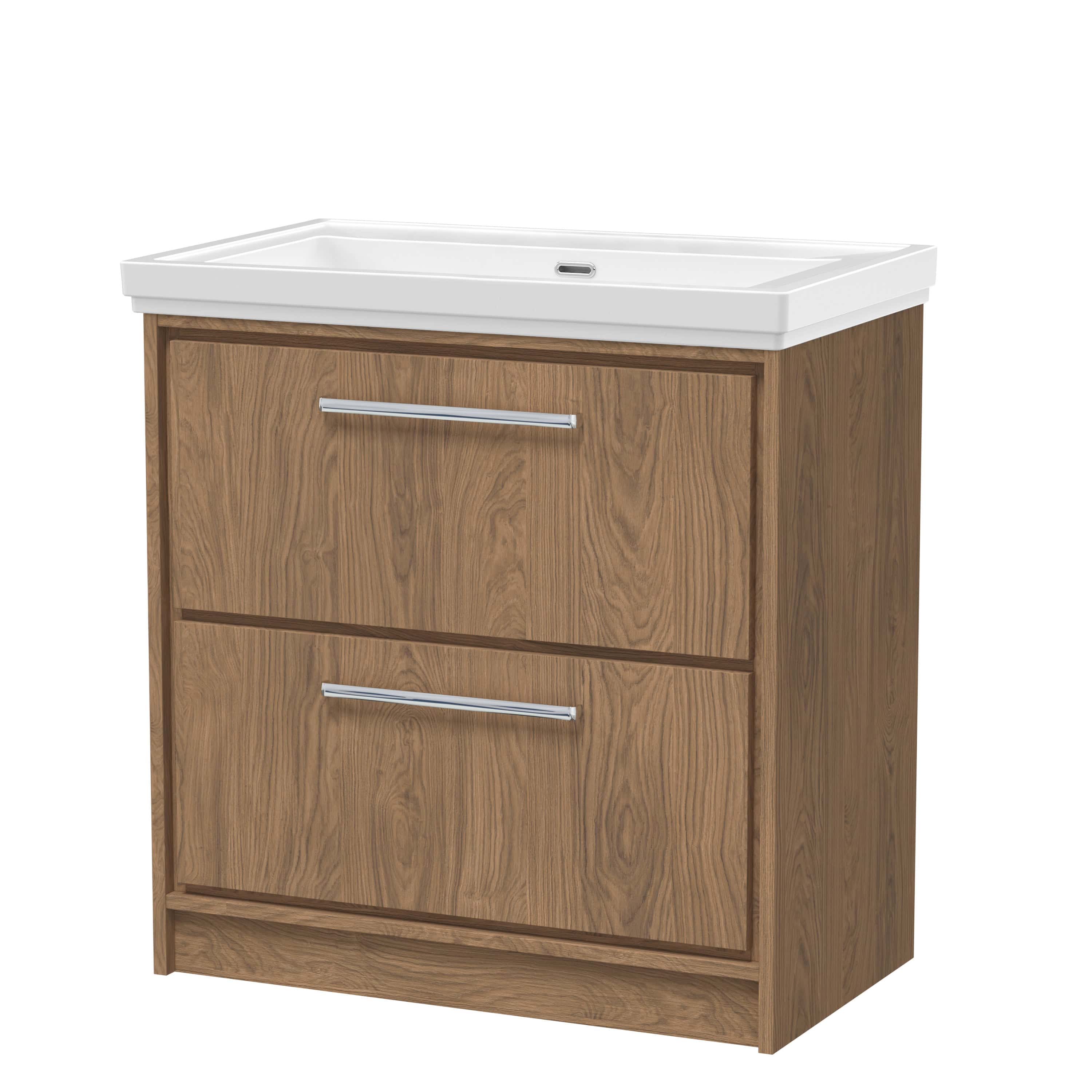 Natural wood bathroom vanity with white ceramic sink, modern storage cabinet, and chrome handles, ideal for contemporary bathroom interiors.