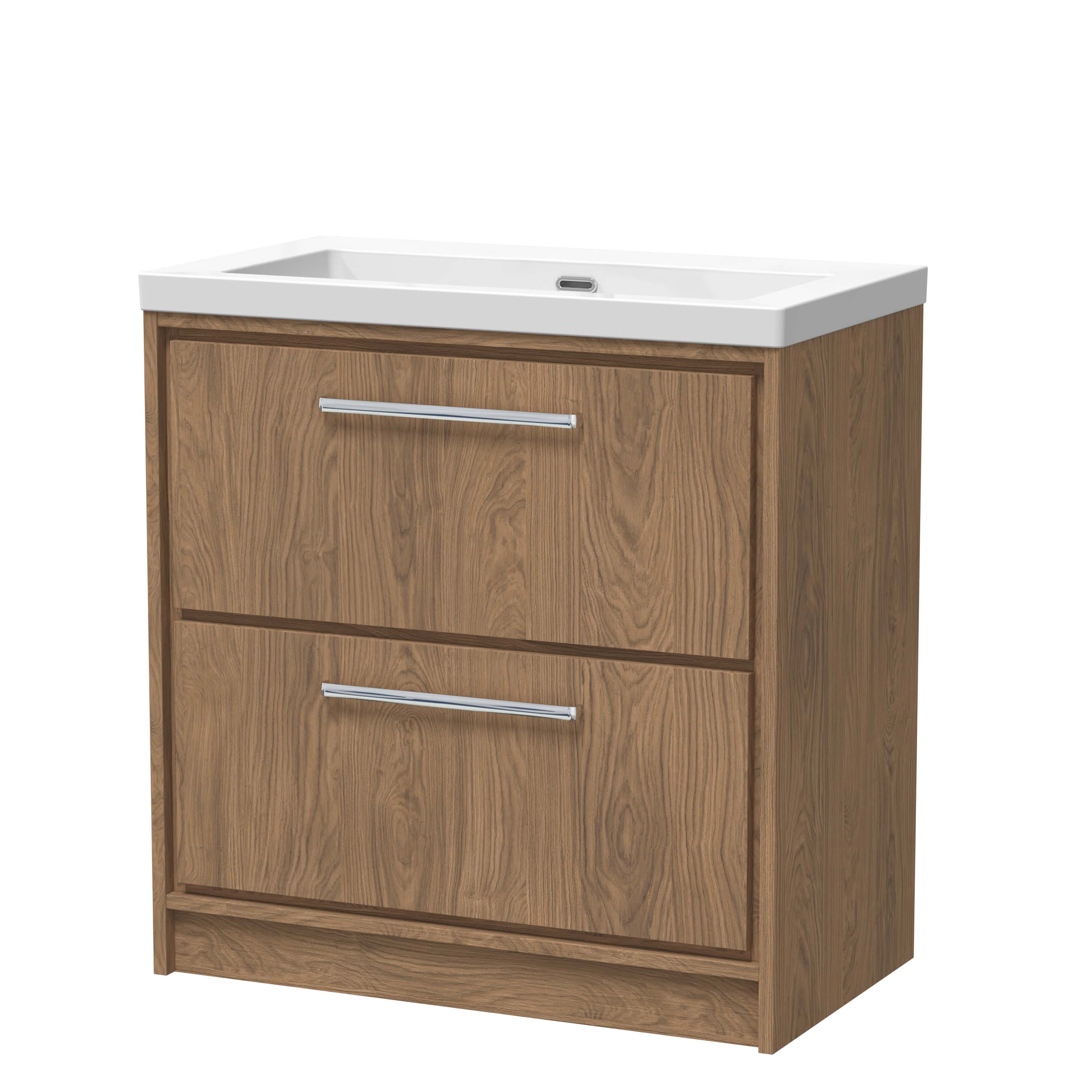 Modern bathroom vanity with a white ceramic sink and natural wood finish cabinet, ideal for contemporary bathroom decor, offering stylish and functional storage solutions.