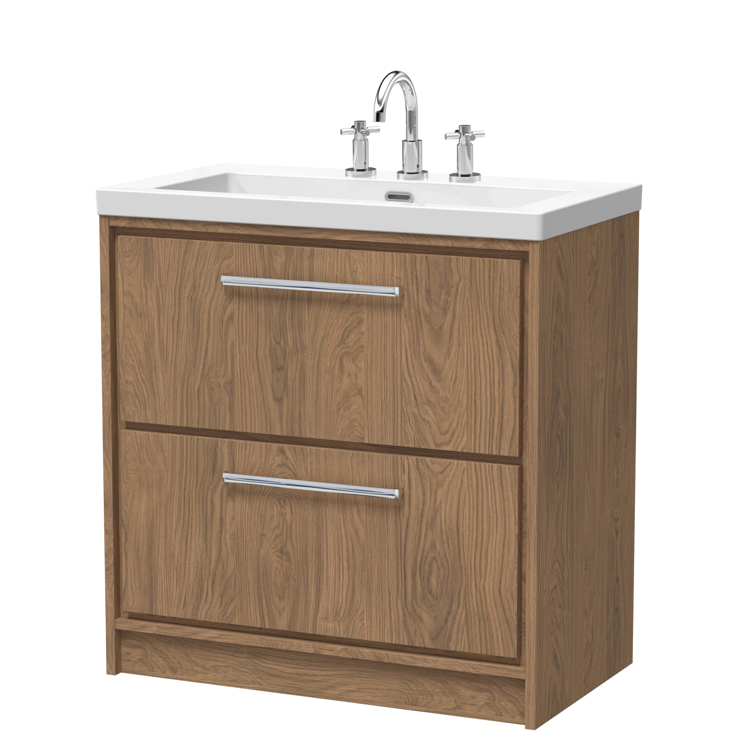 Polished wooden bathroom vanity with integrated sink and chrome taps, ideal for modern bathroom designs, available at Bubly Bathrooms UK.