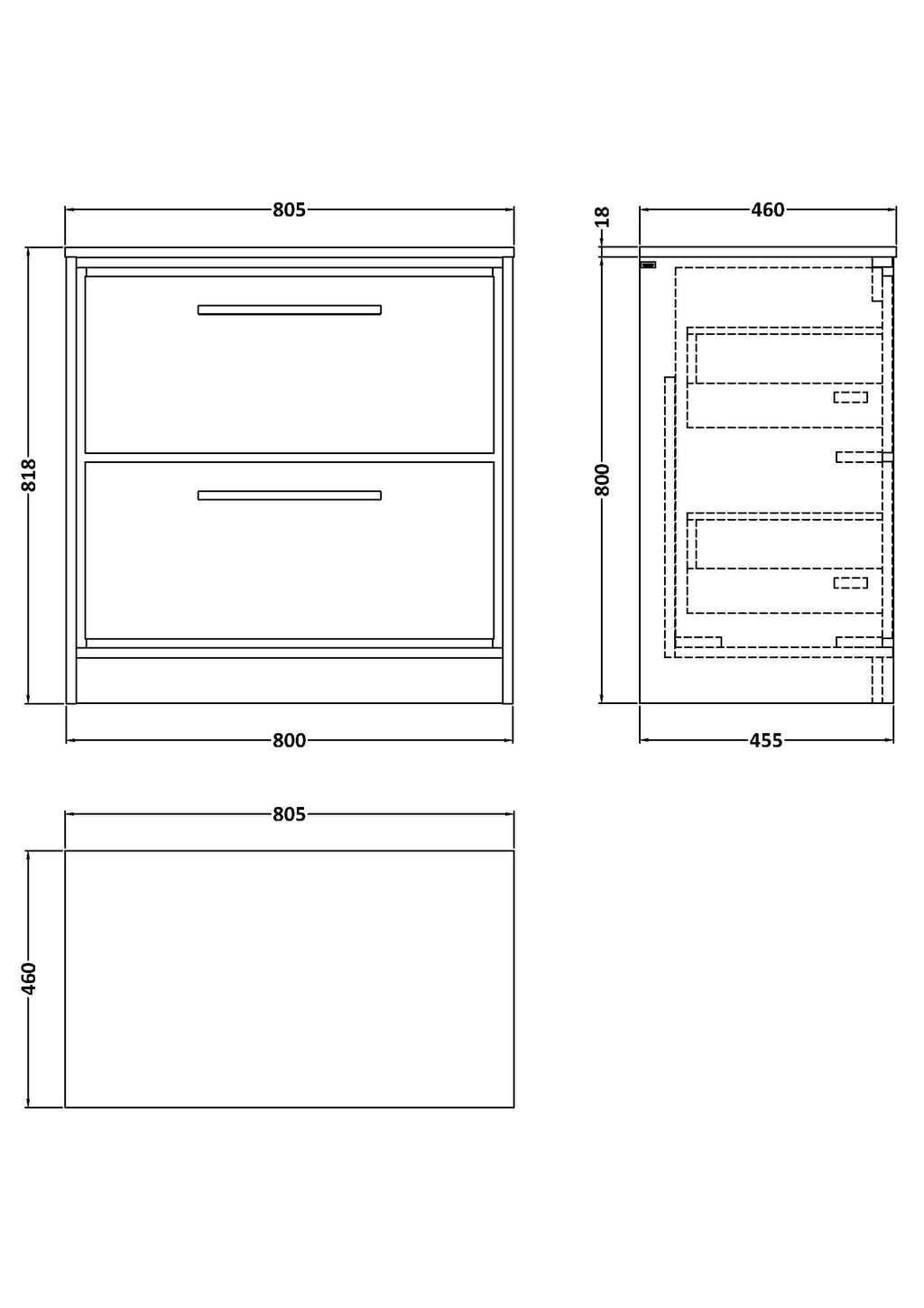 Contemporary bathroom vanity with two drawers, sleek handle design, and detailed dimensions for optimal space planning, suitable for modern bathroom interiors.