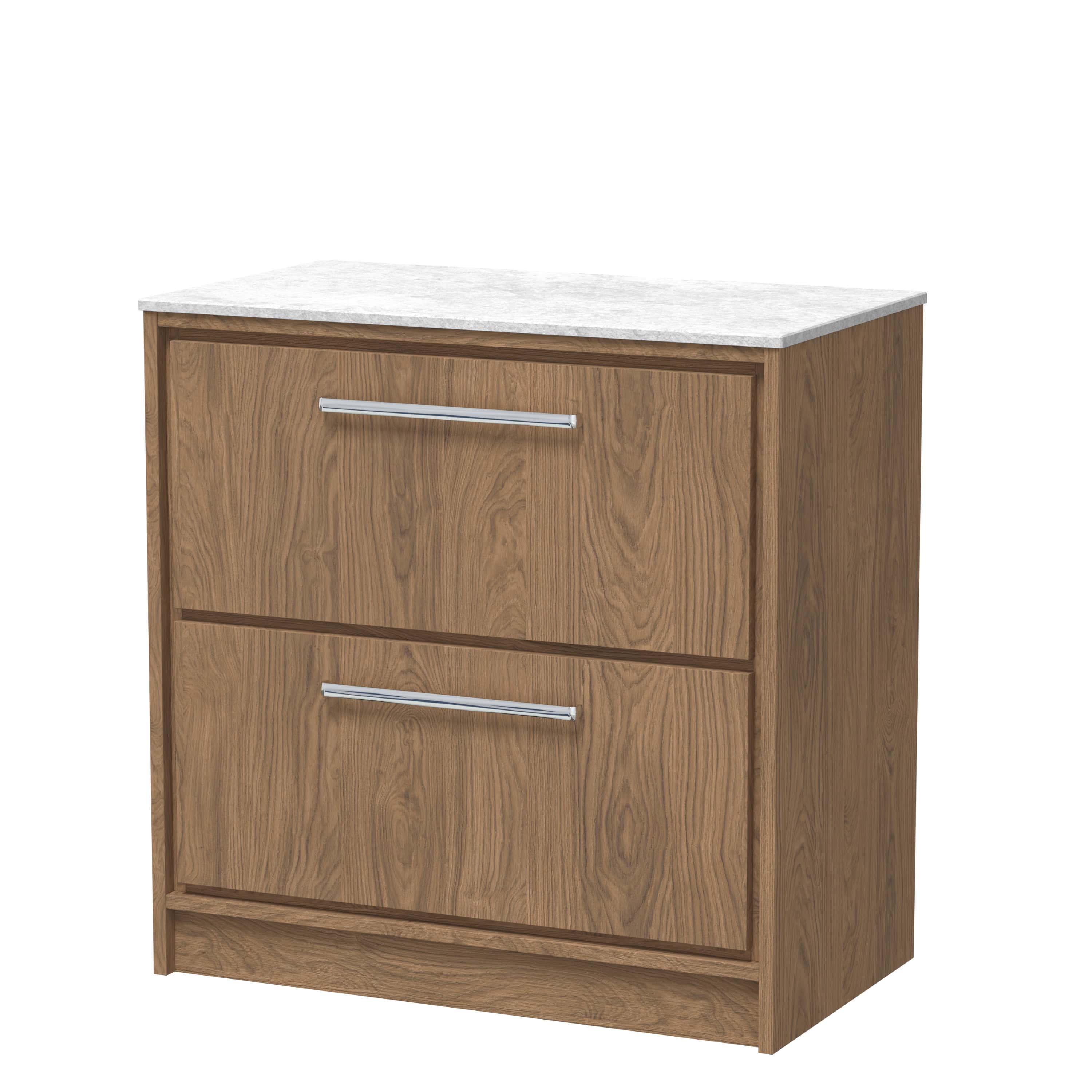 Modern wooden bathroom vanity unit with marble top and silver handles, perfect for stylish and functional bathroom storage solutions.