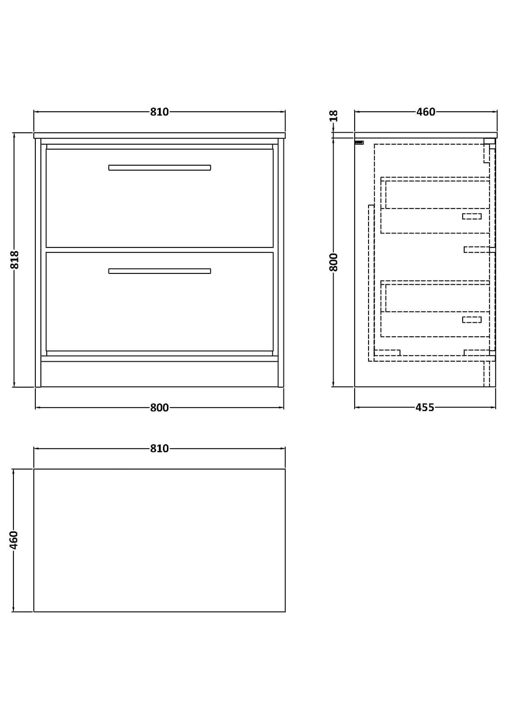 Drawer unit blueprint for modern bathroom storage, featuring detailed measurements, drawers, and sleek design elements for high-quality bathroom organisation.