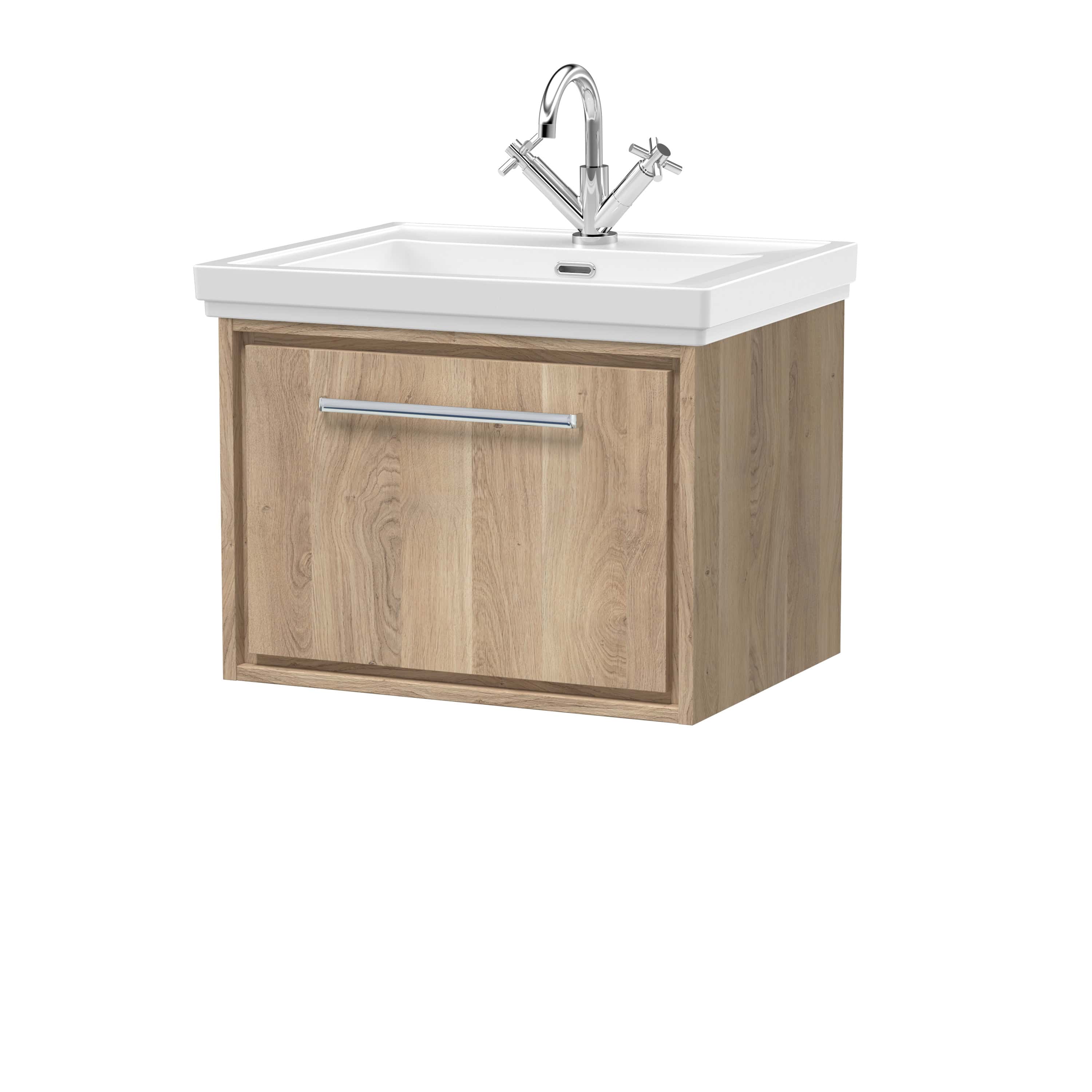 Clean bathroom vanity with wooden cabinet and ceramic sink, modern bathroom sink unit, stylish bathroom furniture, and chrome tap. Perfect for contemporary bathroom designs.