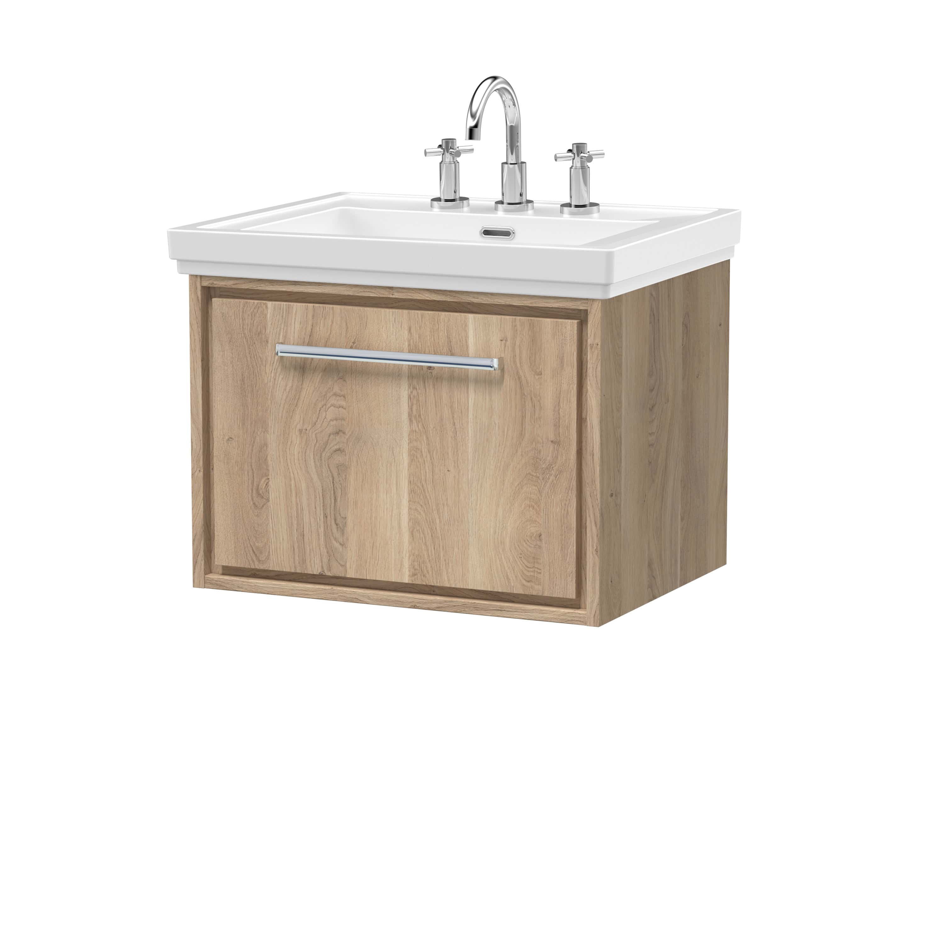 Modern bathroom vanity unit with a white ceramic sink and chrome tap, featuring a natural wood finish cabinet for stylish bathroom storage.