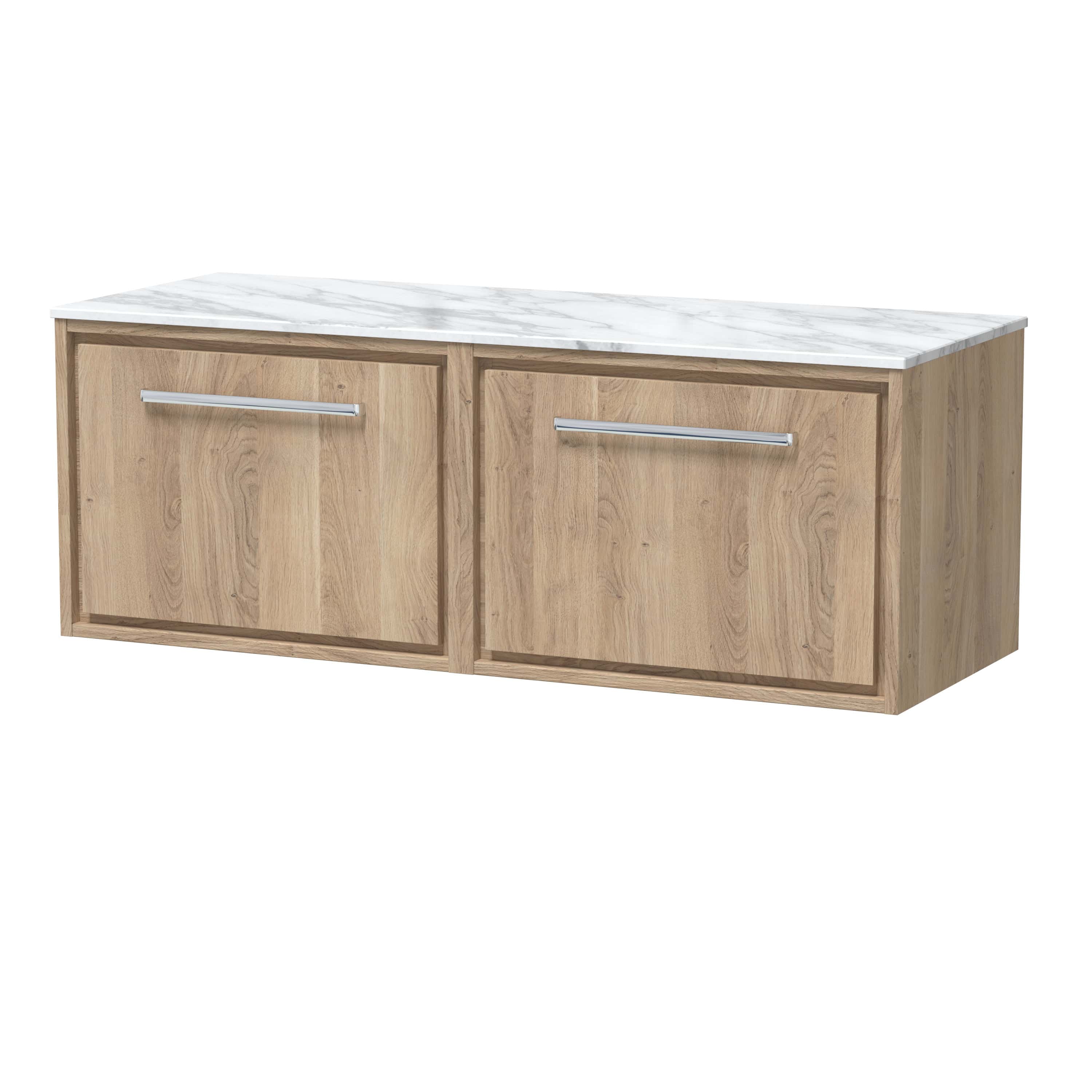 Stylish bathroom vanity unit with natural wood finish and white marble countertop, ideal for modern bathroom design and storage.