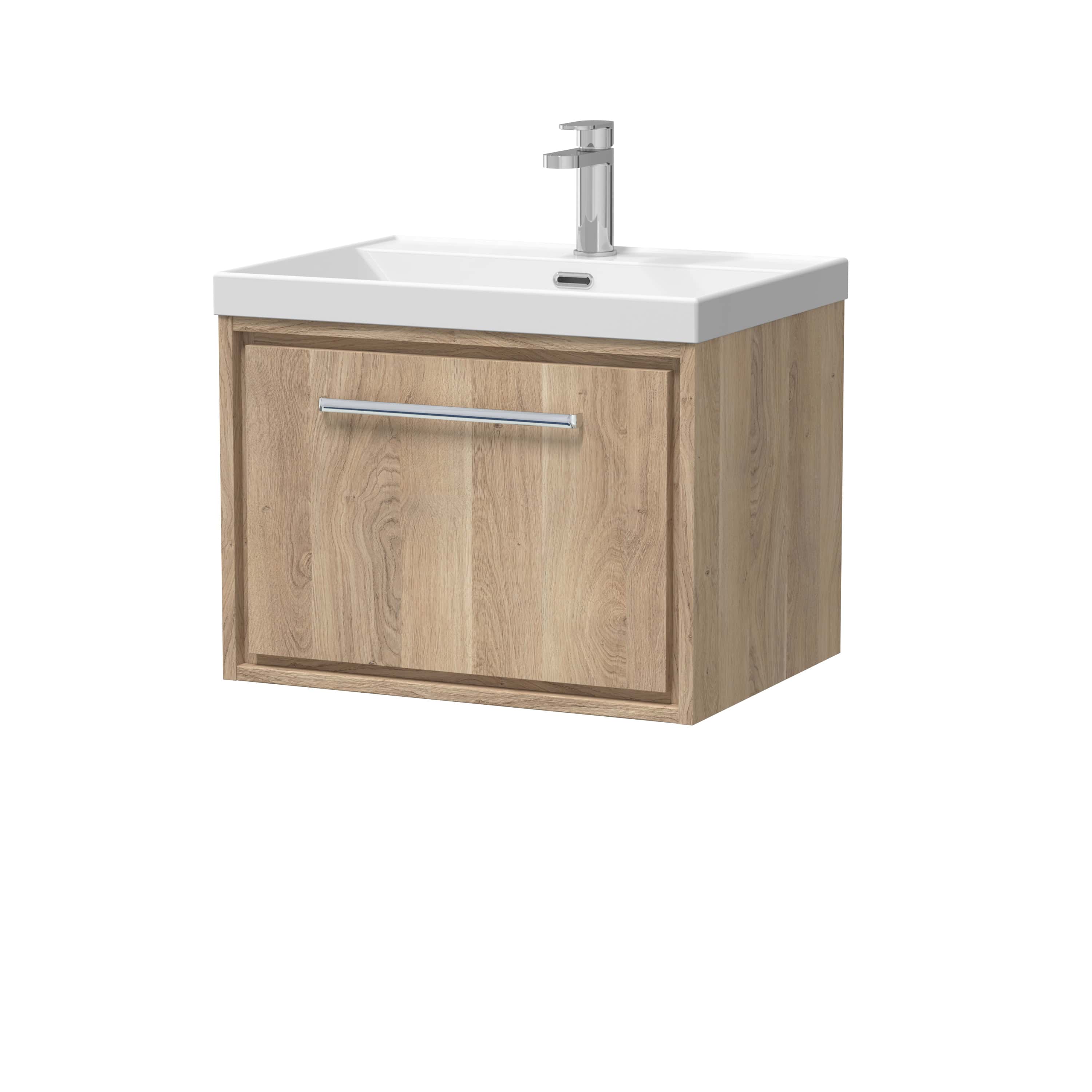 Modern bathroom sink unit with oak finish, white ceramic basin, and chrome tap, ideal for contemporary bathroom or ensuite decor. Perfect storage solution for a stylish, functional waterproof surface.