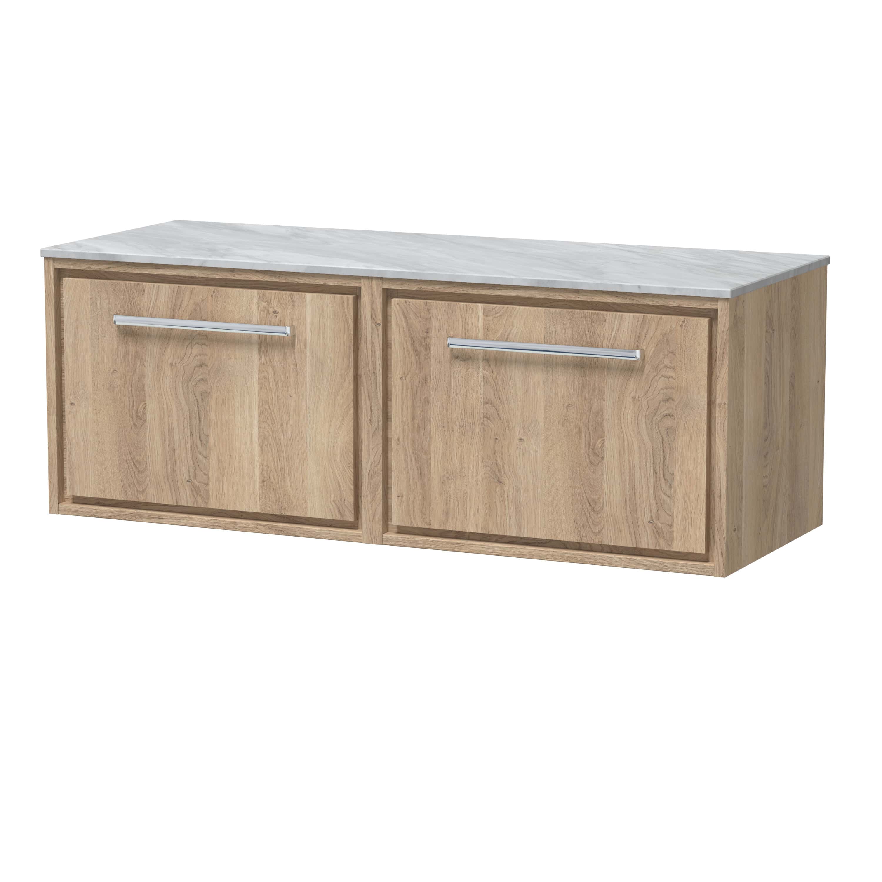 Sleek wooden bathroom vanity with a marble top and modern chrome handles, ideal for contemporary bathroom designs. Perfect for stylish storage and sanitising essentials.