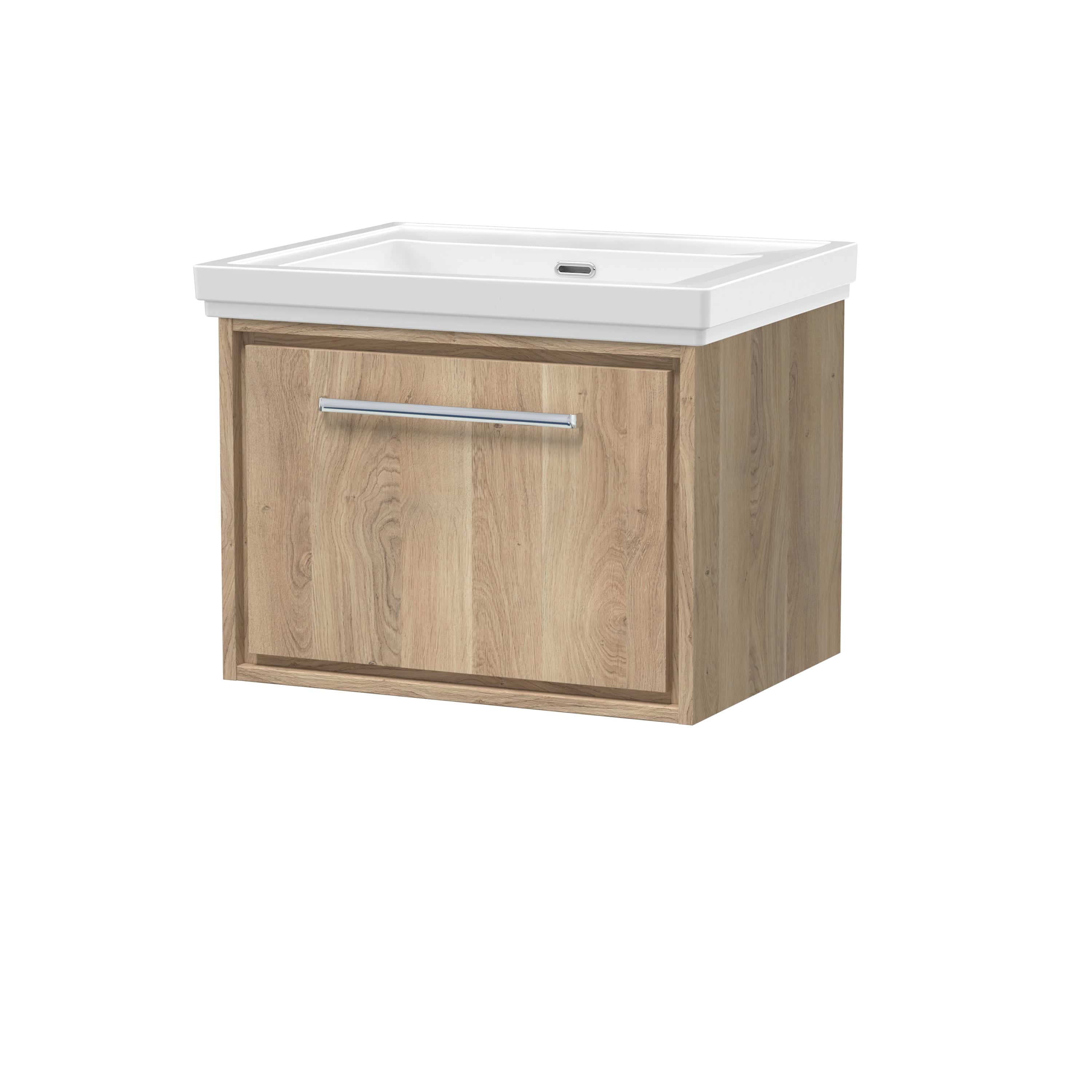 Modern wooden bathroom vanity with integrated ceramic sink, minimalistic design, and sleek chrome handle; ideal for contemporary bathroom renovations.