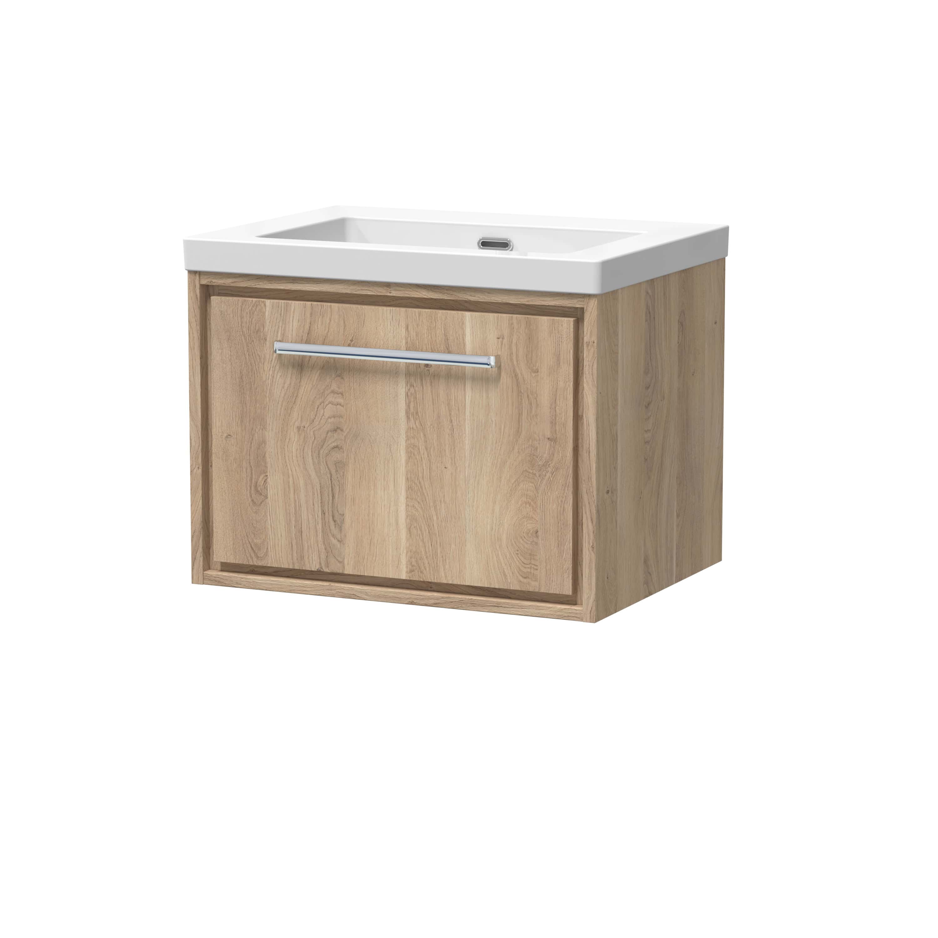 Modern wooden bathroom vanity with integrated sink, practical storage drawer, and sleek chrome handle, perfect for contemporary bathroom designs.