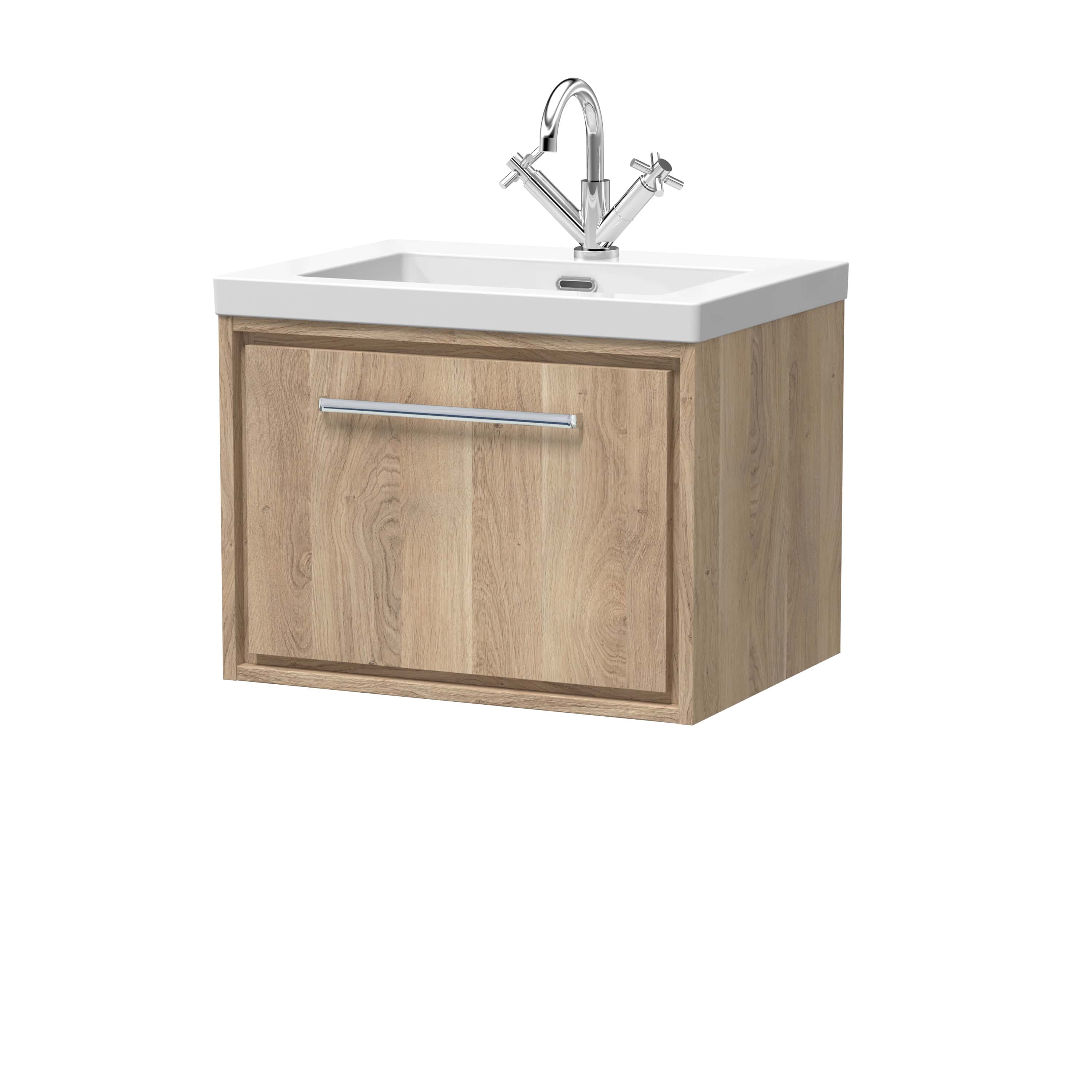 Modern bathroom vanity with natural wood cabinet, white ceramic sink, and chrome tap, ideal for contemporary bathroom renovation and space-saving storage.