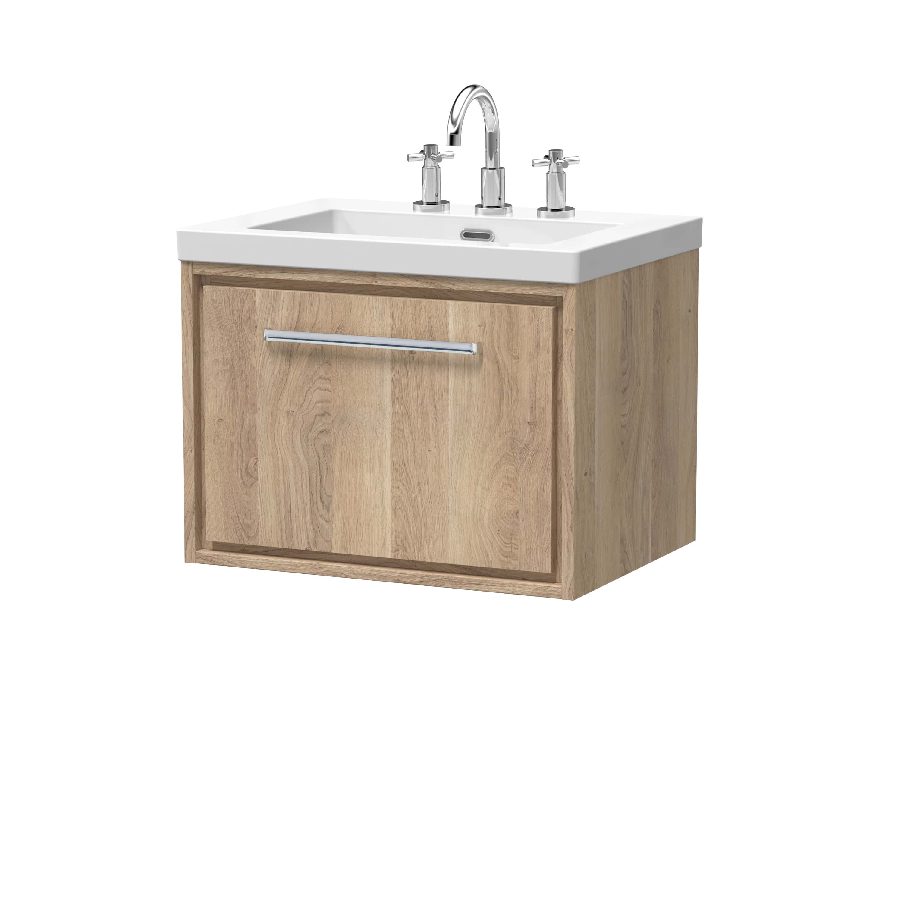 Stylish bathroom vanity unit with a white ceramic sink, chrome tap and wooden cabinet, perfect for modern bathroom renovations and storage solutions.