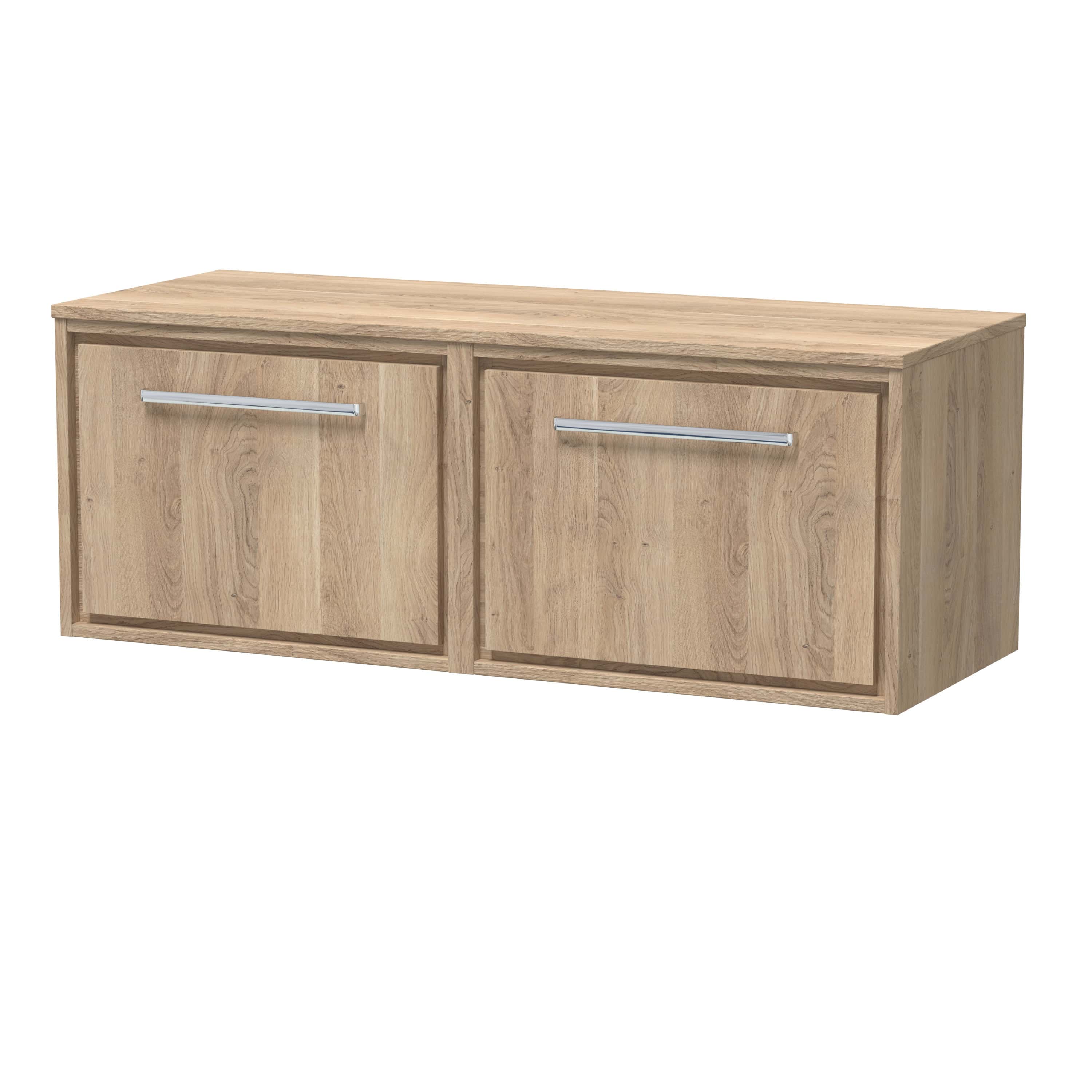 Natural oak bathroom cabinet with modern silver handles for sleek storage solutions.