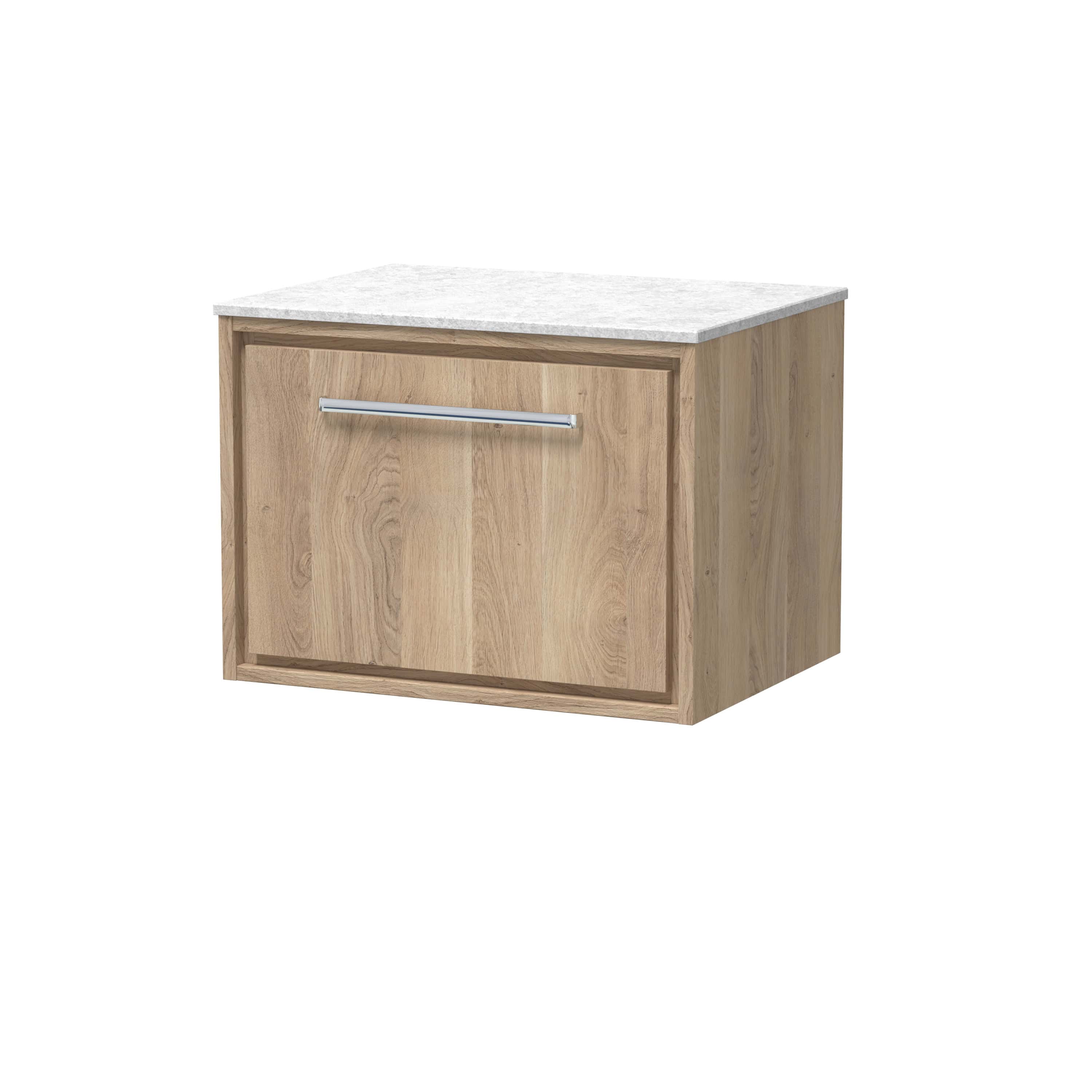 Modern wooden bathroom vanity unit with a marble top and sleek chrome handle, ideal for stylish bathroom storage solutions.