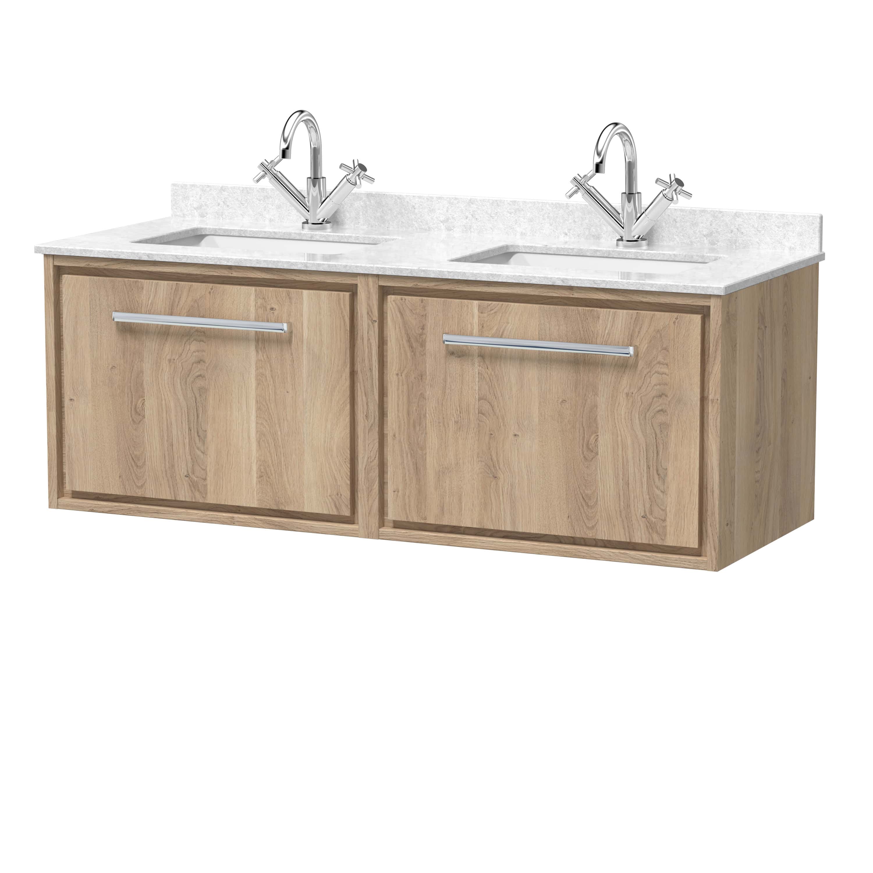 Double sink vanity unit with wooden cabinets and marble countertops, featuring modern chrome taps, ideal for contemporary bathroom designs. Suitable for bathroom renovation projects and stylish storage solutions.