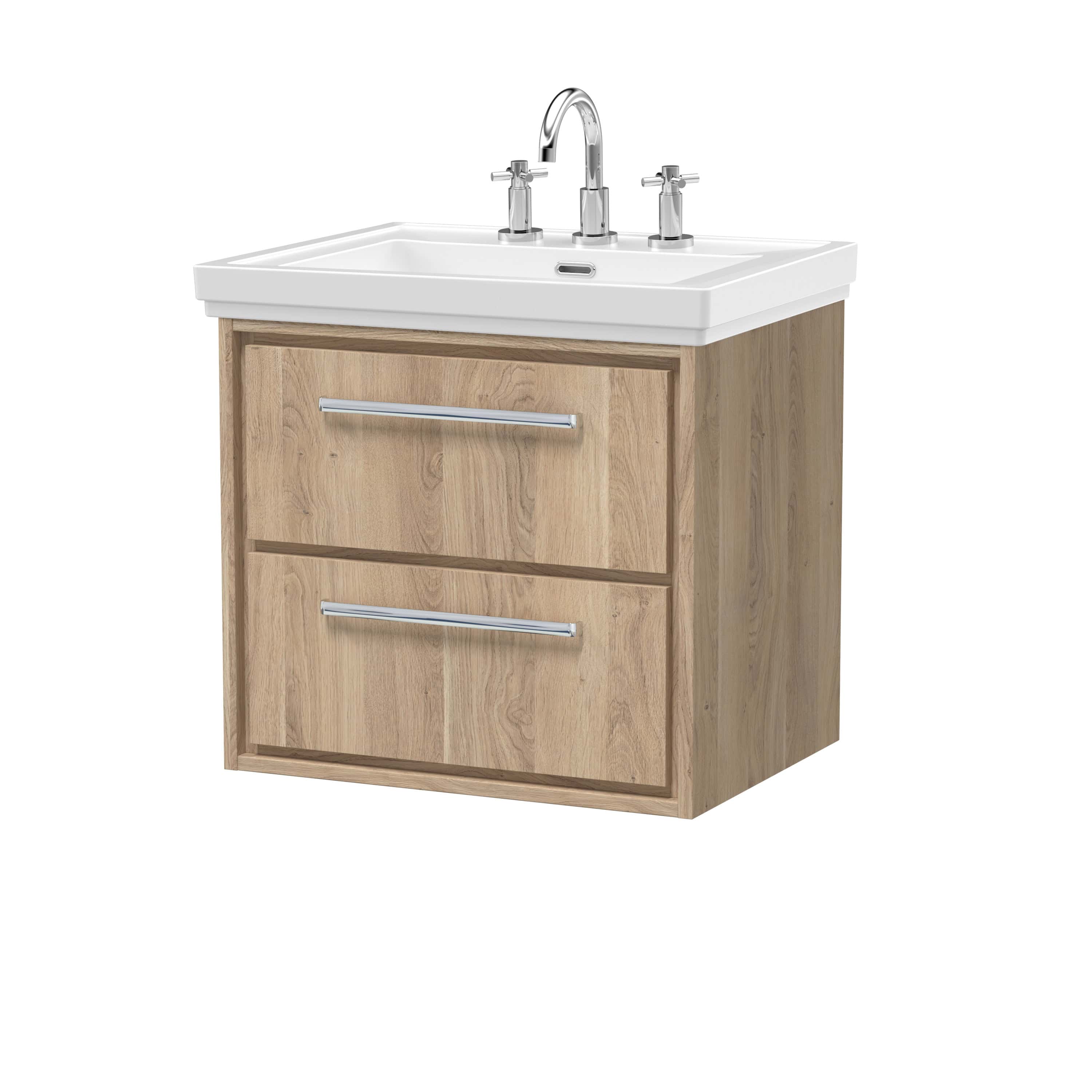 Modern wooden bathroom vanity with white ceramic sink, chrome tap and dual storage drawers, ideal for contemporary bathrooms.