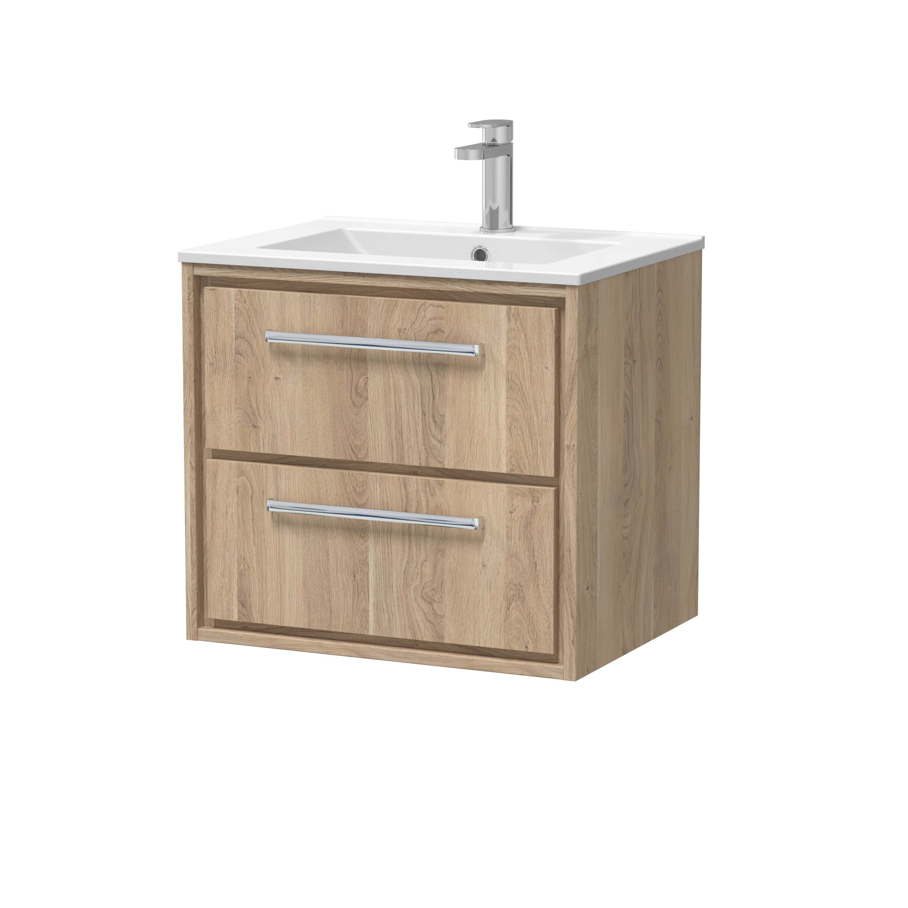 Modern wooden bathroom vanity unit with integrated ceramic sink and chrome handles, ideal for contemporary bathroom decor.