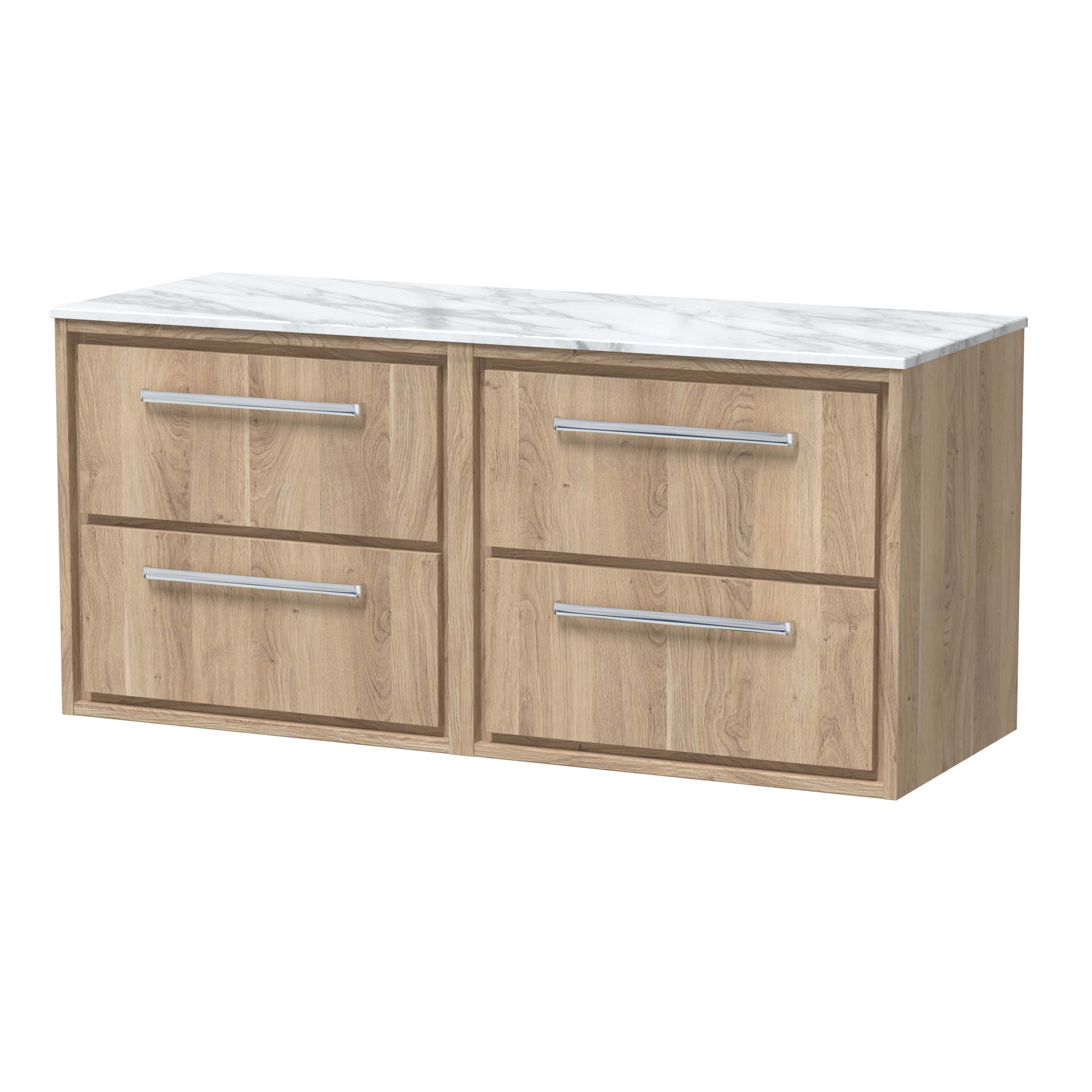 Bright oak bathroom vanity unit with marble effect top, four spacious drawers, modern silver handles, ideal for contemporary bathroom storage solutions, from Bubly Bathrooms.