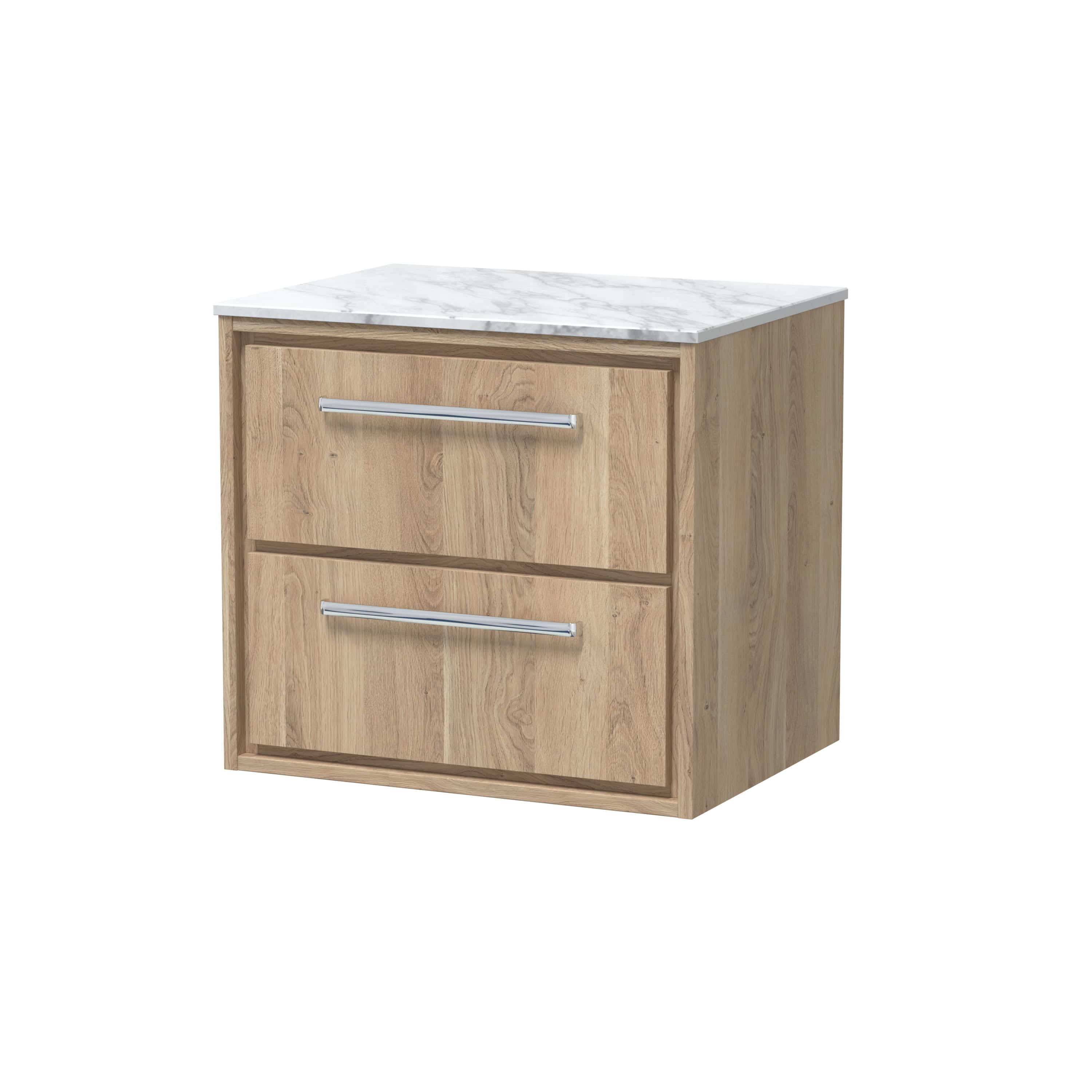 Elegant wooden bathroom storage unit with marble top, two drawers with sleek chrome handles, ideal for organising bathroom essentials in modern bathrooms.