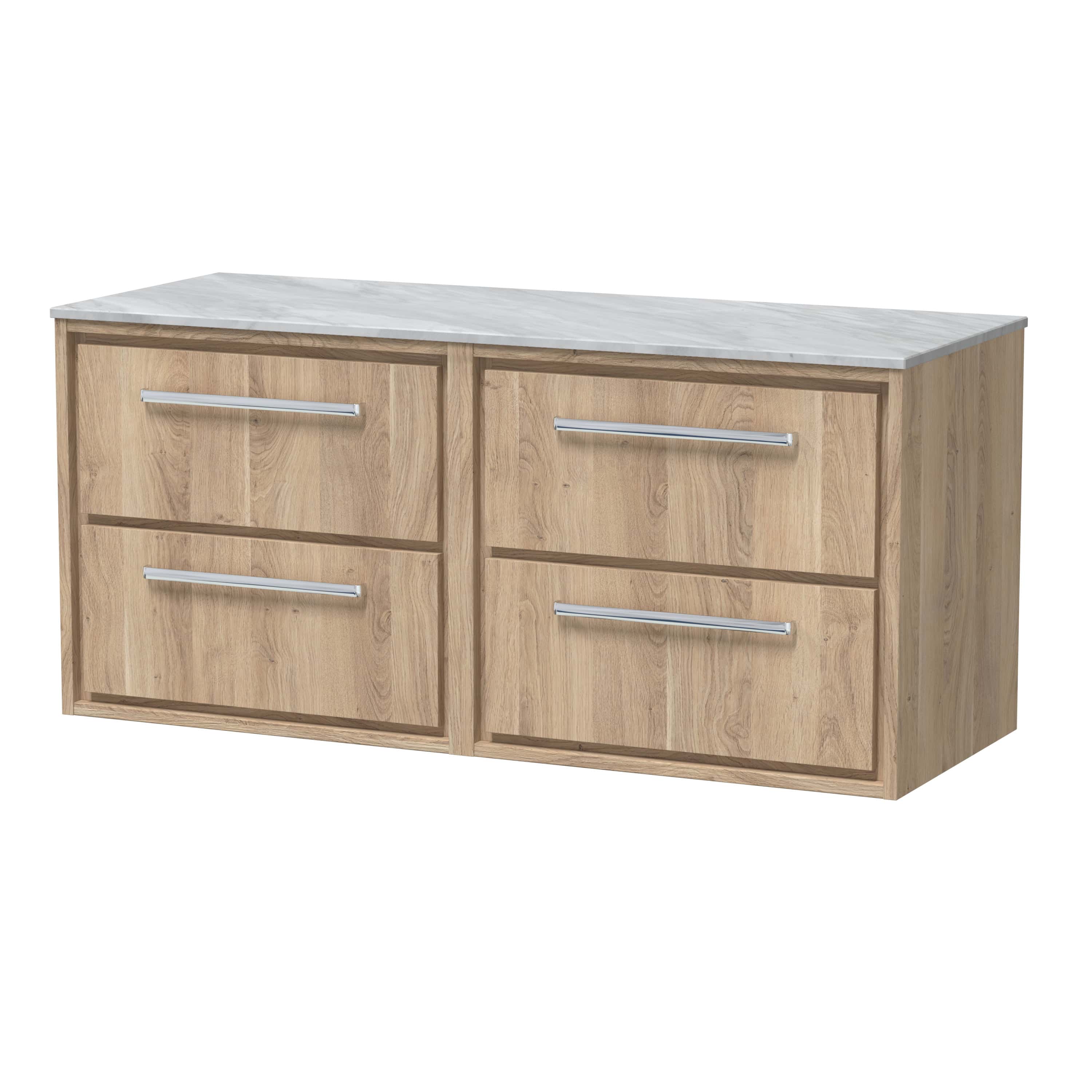 Modern wooden bathroom vanity with marble top and four spacious drawers, ideal for bathroom storage and organisation, featuring sleek silver handles.