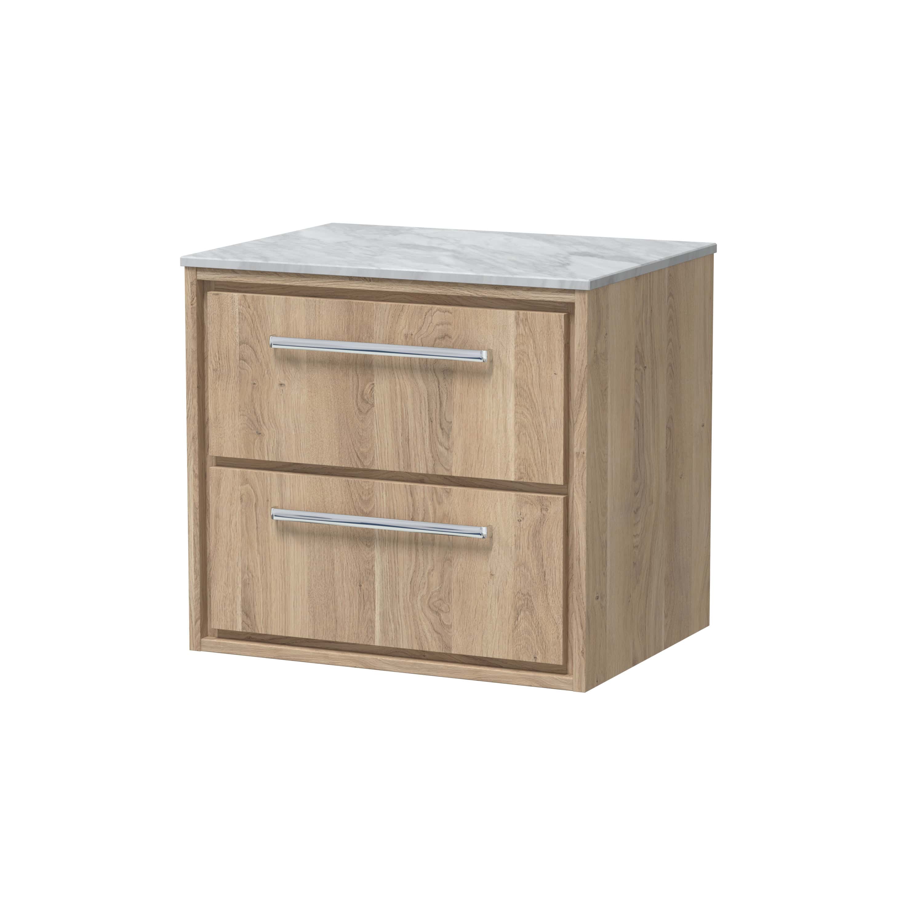 Natural oak bathroom cabinet with two drawers and marble top, modern and functional bathroom storage solution. Perfect for organising toiletries in stylish bathroom spaces.