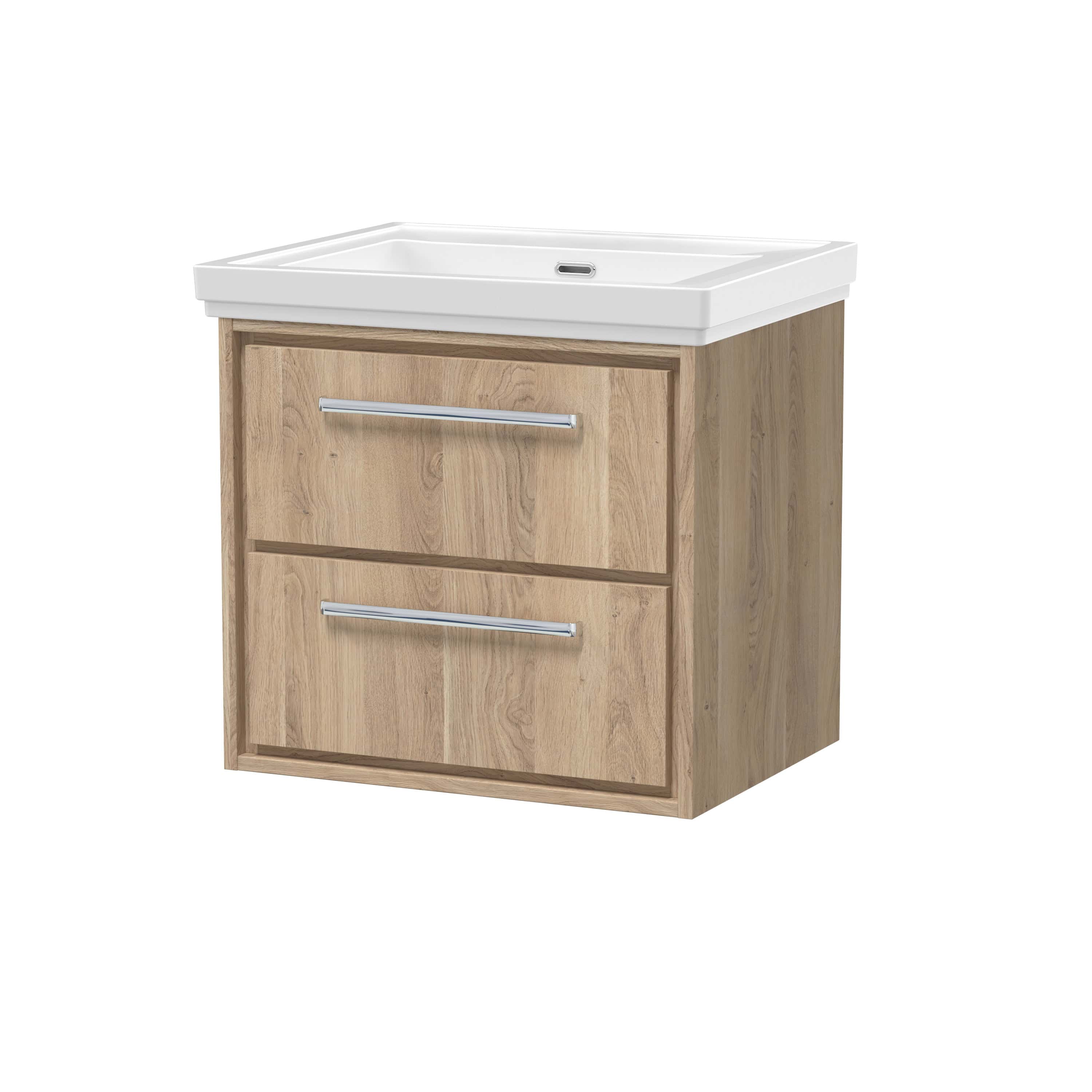 Modern wooden bathroom vanity with integrated ceramic sink, two spacious drawers, and sleek silver handles, ideal for contemporary bathroom designs and storage solutions.